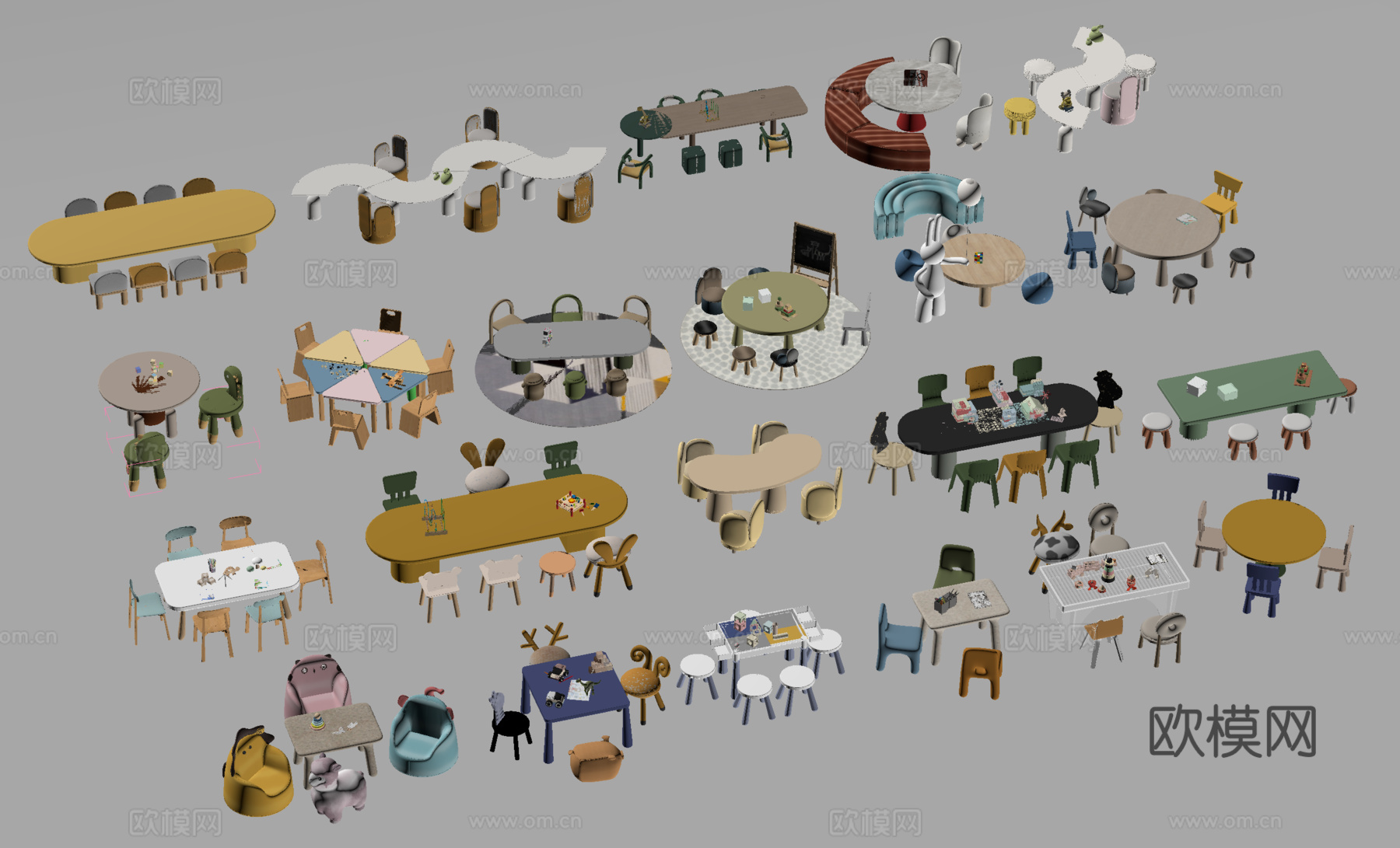 现代儿童桌椅 儿童桌椅组合 积木玩具桌su模型