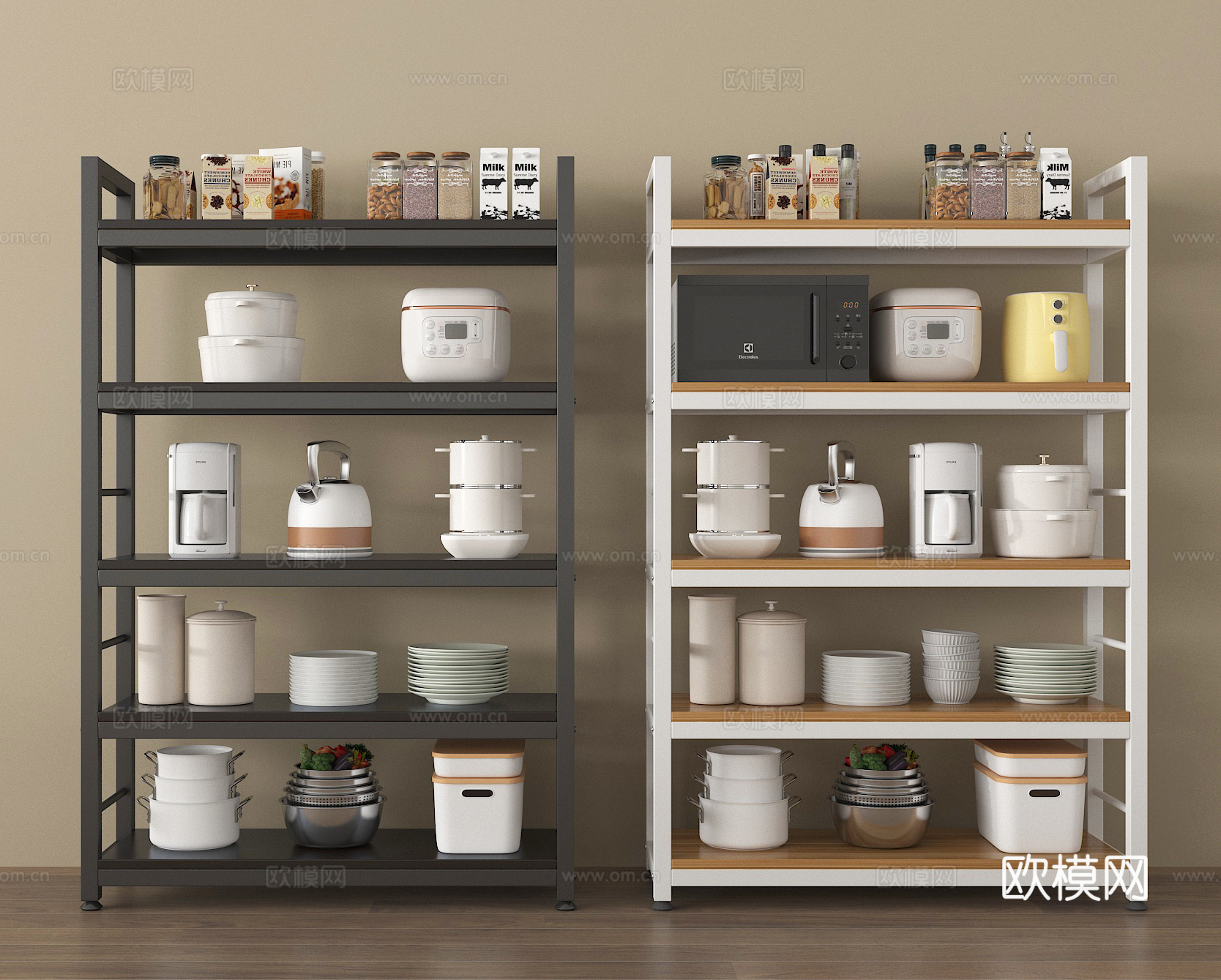 现代厨房置物架 微波炉 电饭煲3d模型下载
