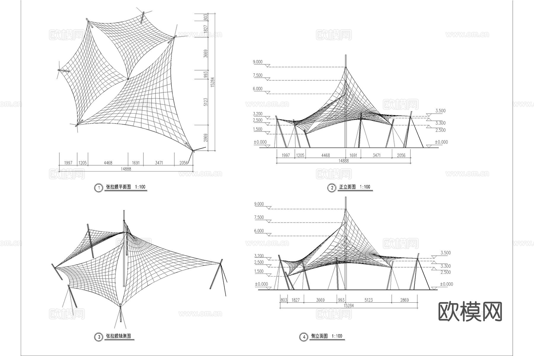 亭子 张拉膜 雨棚 膜结构亭廊 景观亭 遮阳棚cad施工图