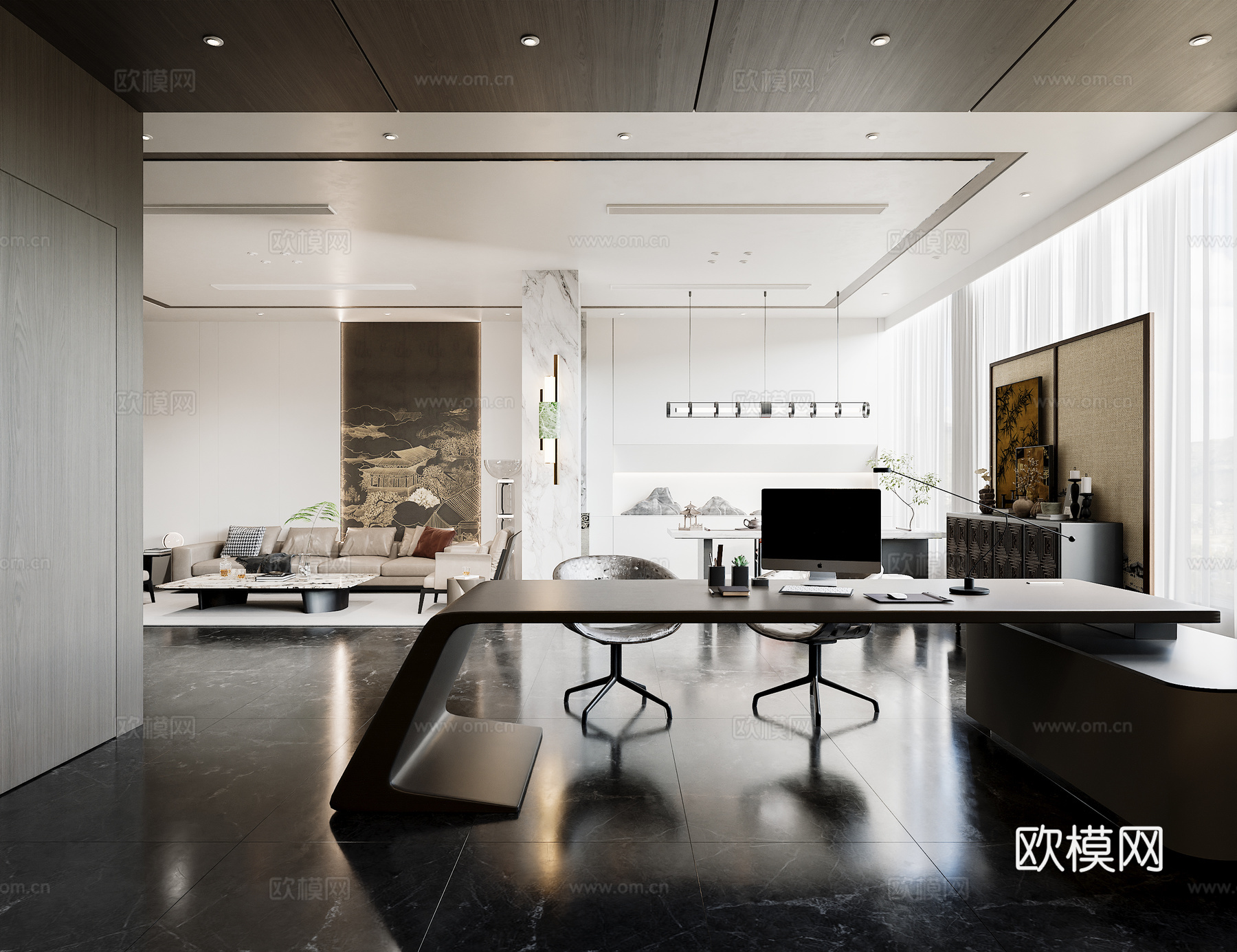 新中式工装 办公室 办公桌 沙发茶几组合 茶桌 屏风 玄关柜3d模型3d模型下载（渲染图2）