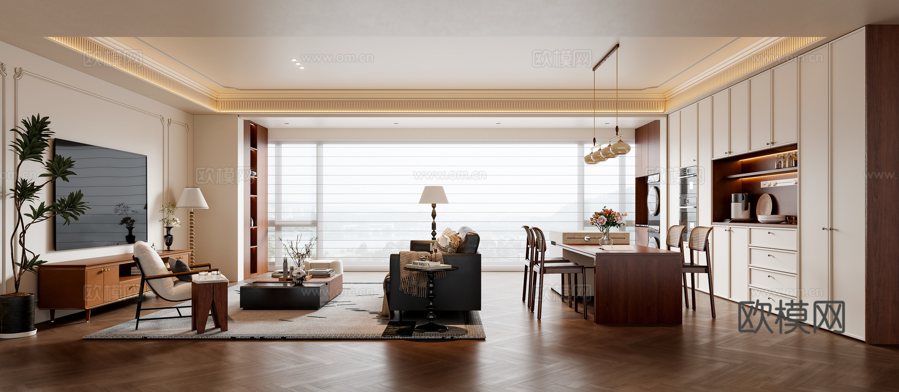 法式中古风客餐厅 沙发茶几 餐桌椅 电视背景墙 餐边柜su模型