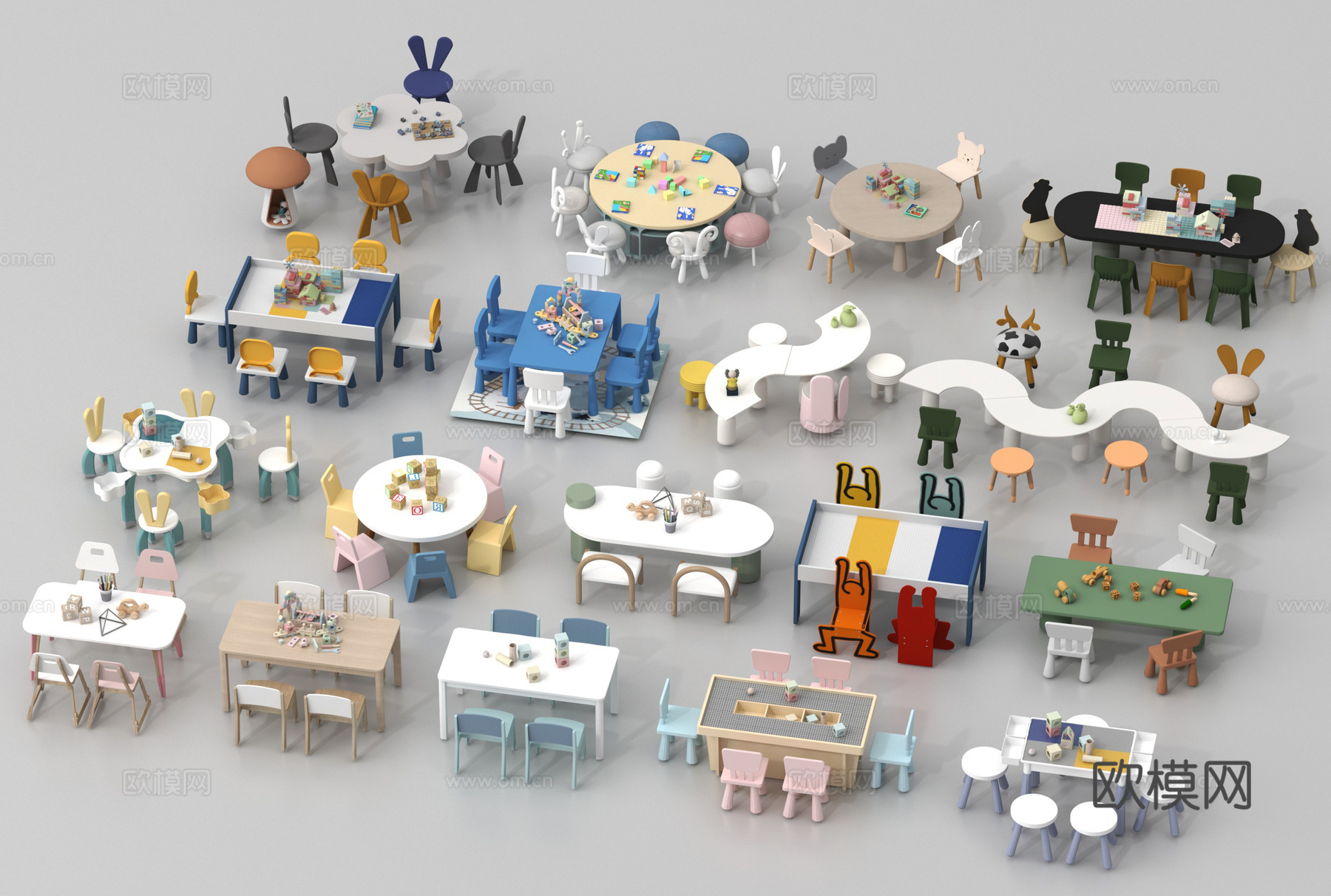 现代儿童桌椅 儿童桌椅组合 积木玩具桌su模型
