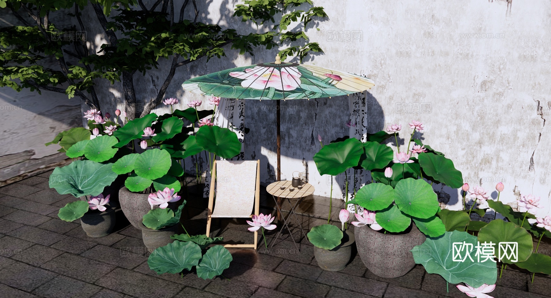 新中式 荷花 民宿庭院花园 禅意荷花小院 荷花盆栽 荷花水缸su模型