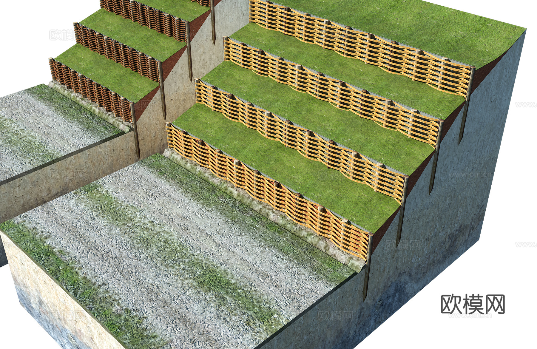 荆坝木桩栅栏护坡3d模型下载（渲染图2）