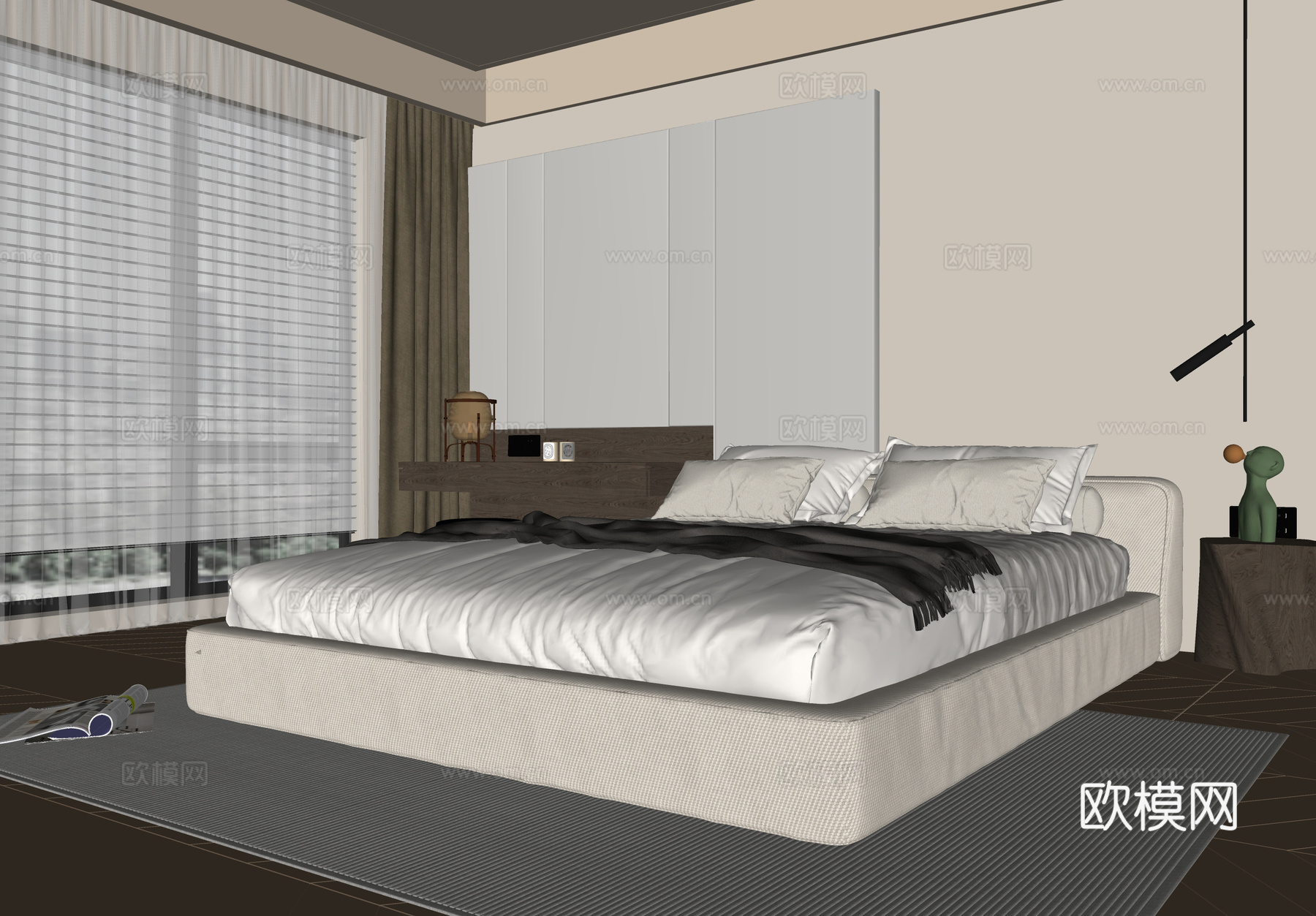 现代卧室 双人床 梳妆台su模型