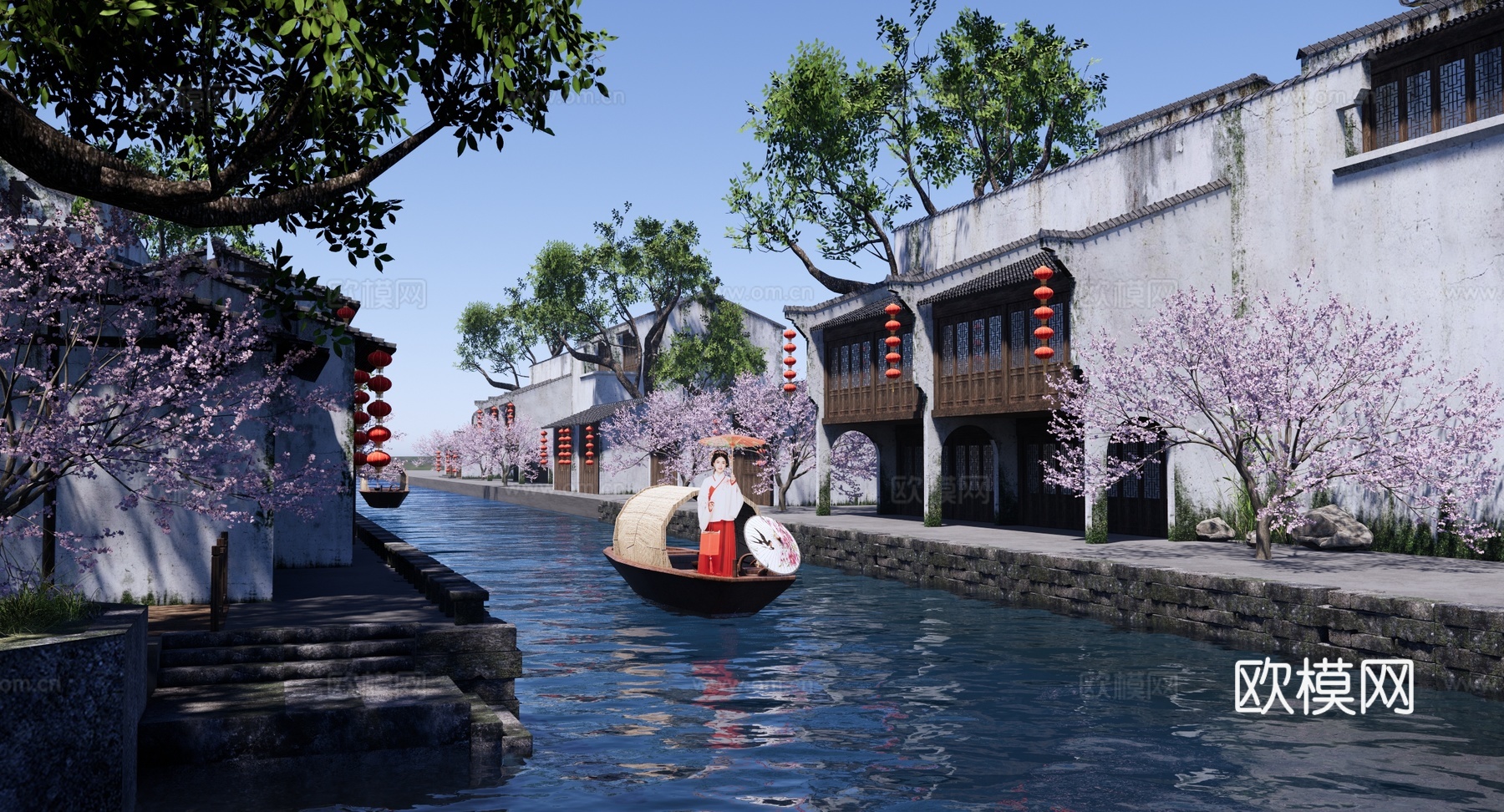 中式 古建 滨水古镇景观 江南水乡 乌镇旅游 乌篷船 油纸伞su模型