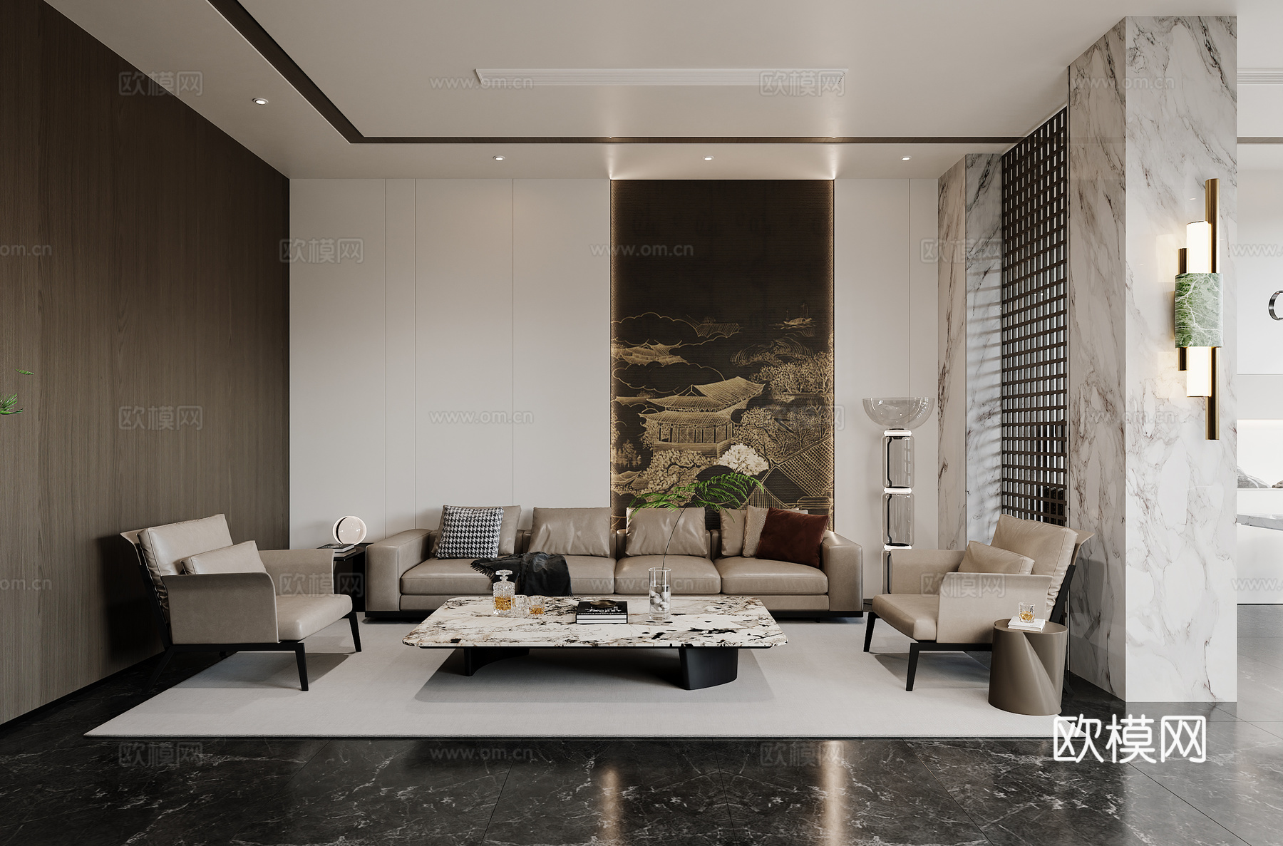 新中式工装 办公室 办公桌 沙发茶几组合 茶桌 屏风 玄关柜3d模型3d模型下载（渲染图5）