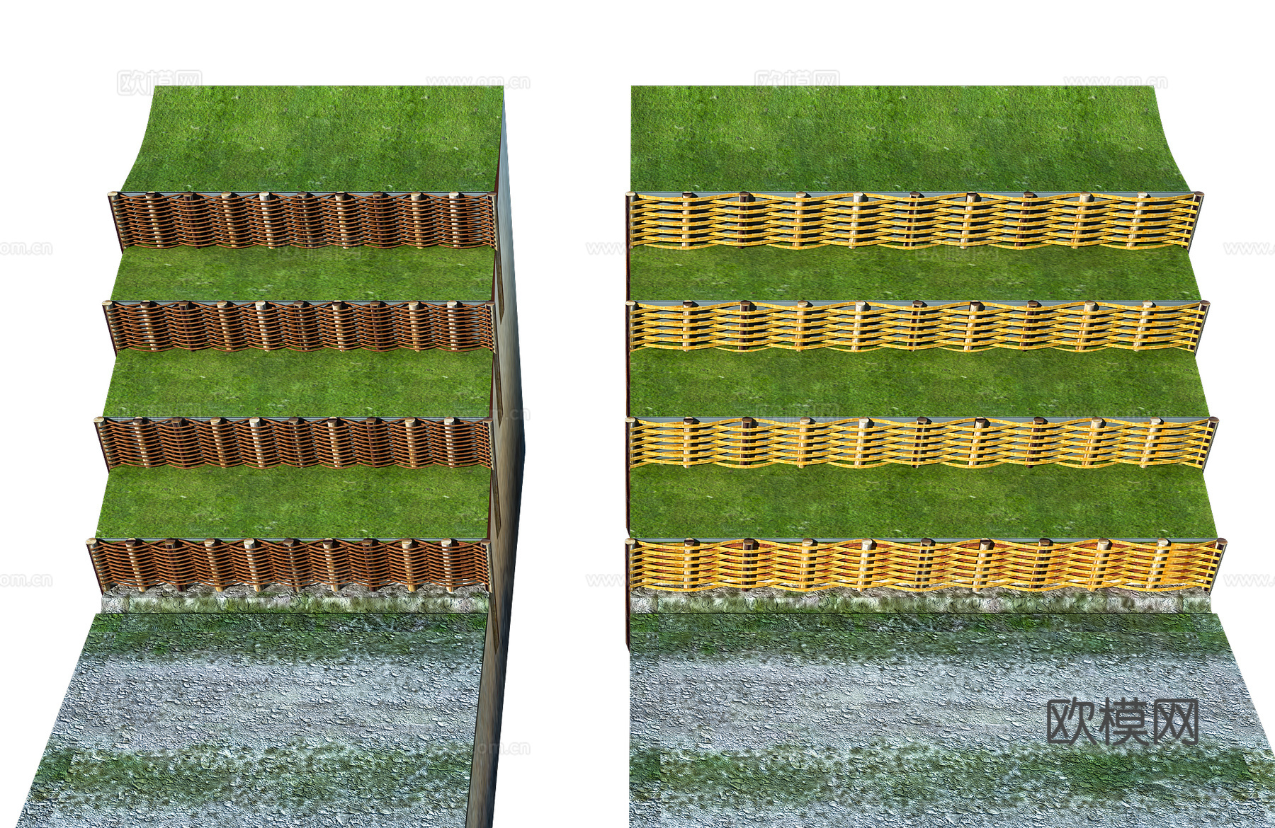 荆坝木桩栅栏护坡3d模型下载（渲染图1）