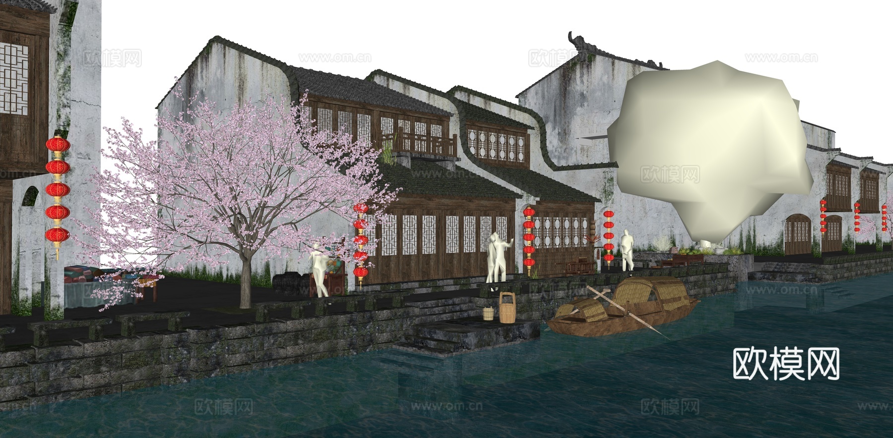 中式 古建 江南水乡古镇 古镇水巷 文旅滨水古镇 徽派建筑su模型