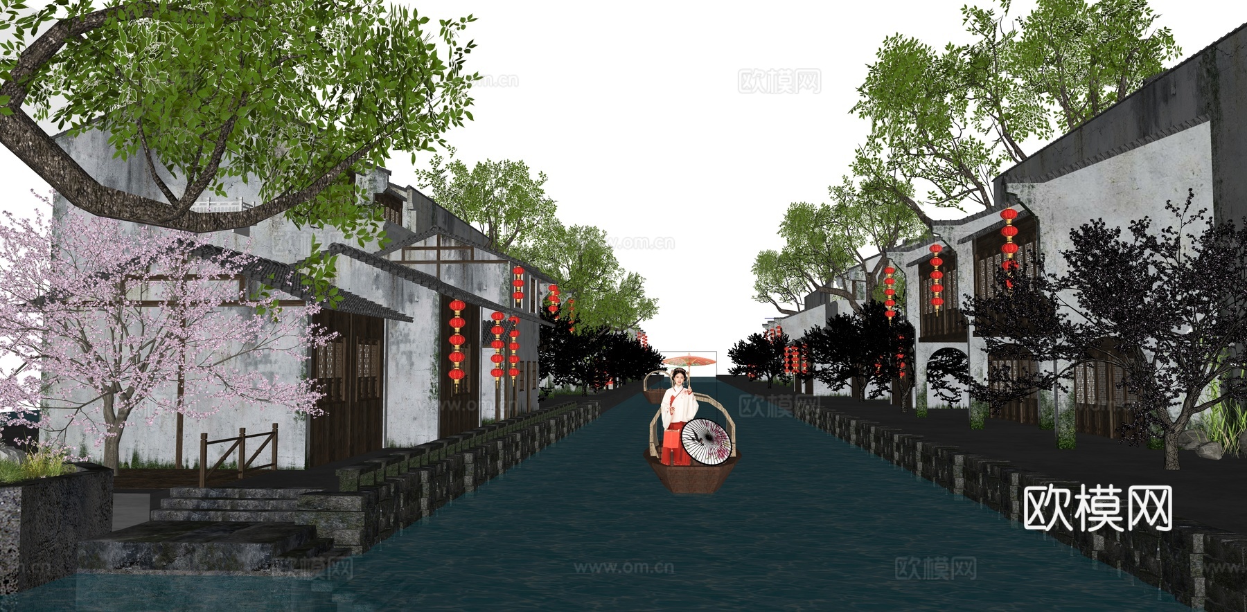 中式 古建 滨水古镇景观 江南水乡 乌镇旅游 乌篷船 油纸伞su模型