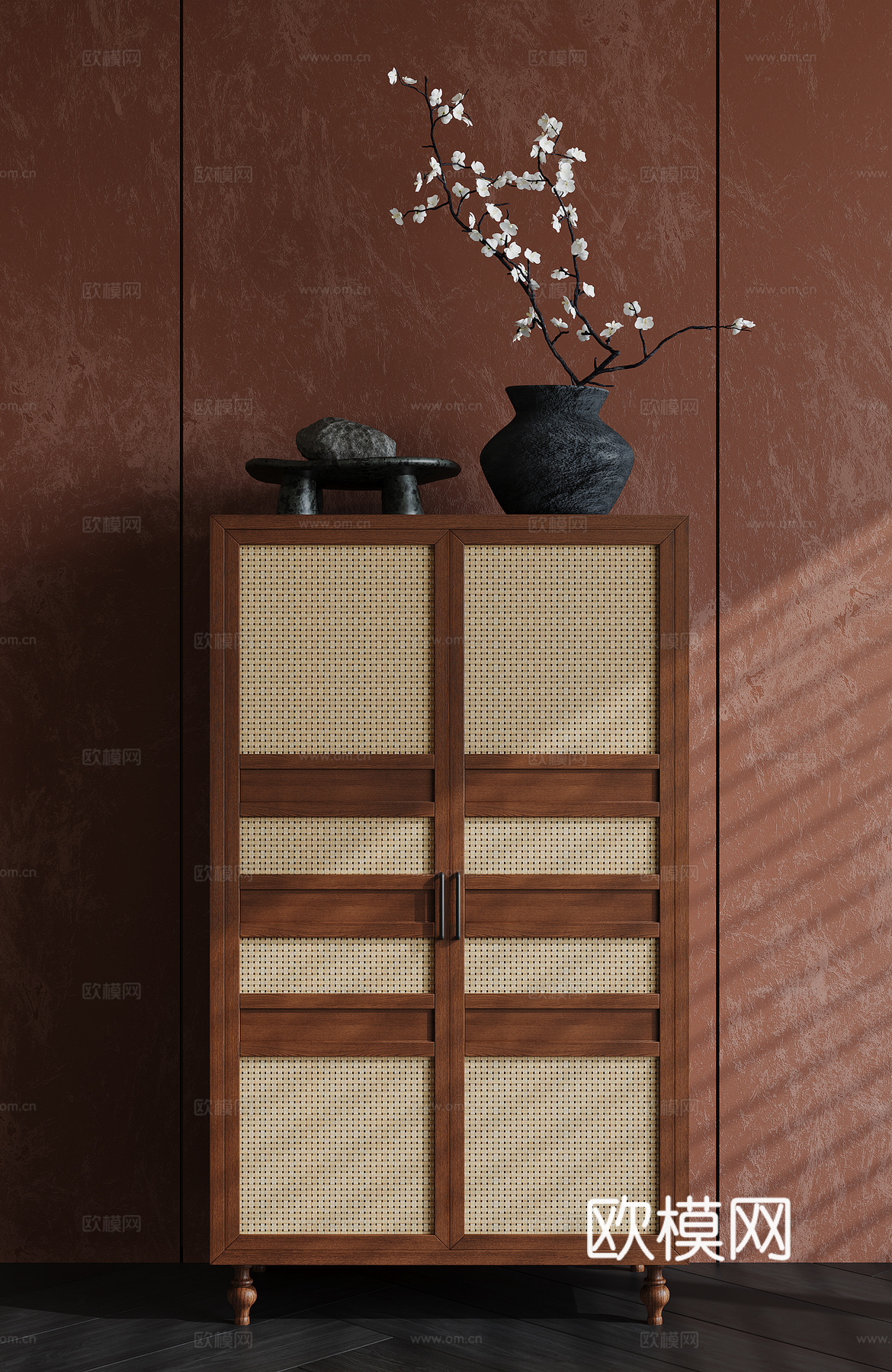 中古风玄关柜 中古风斗柜 中古风边柜 花瓶花艺摆件 木地板su模型