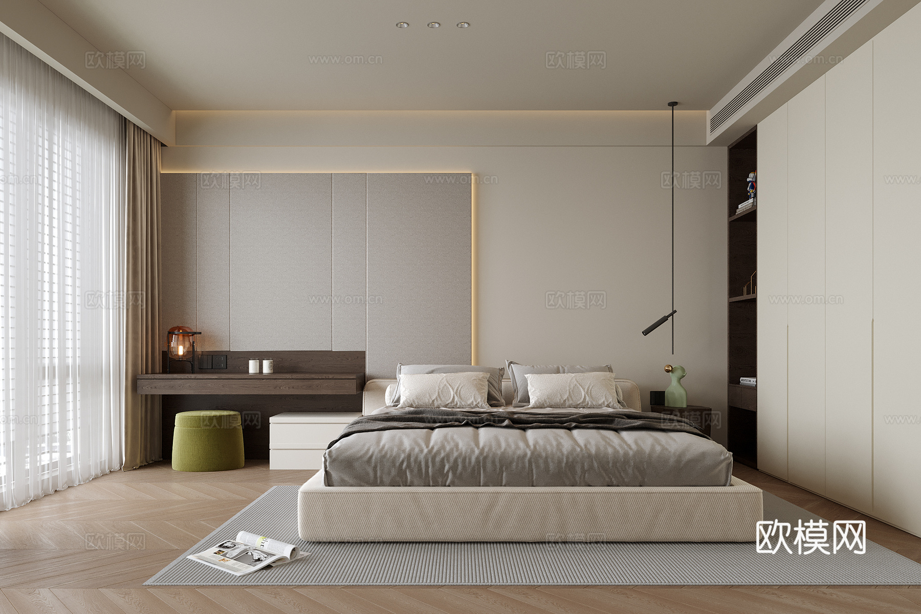 现代卧室 双人床 梳妆台su模型