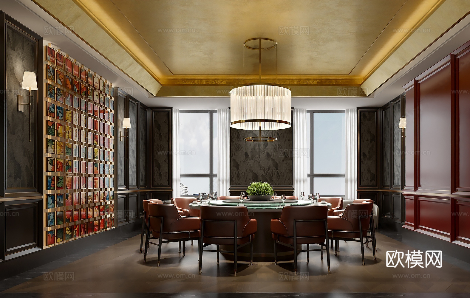 简欧餐厅包房包厢 现代轻奢餐厅包房 意式轻奢餐厅圆桌 酒店奢su模型