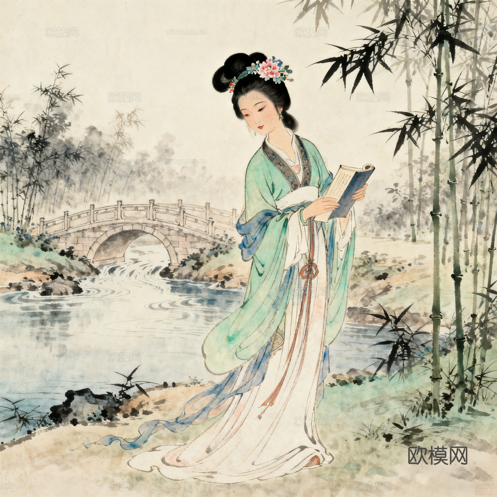 唐伯虎风格仕女图 中式字画