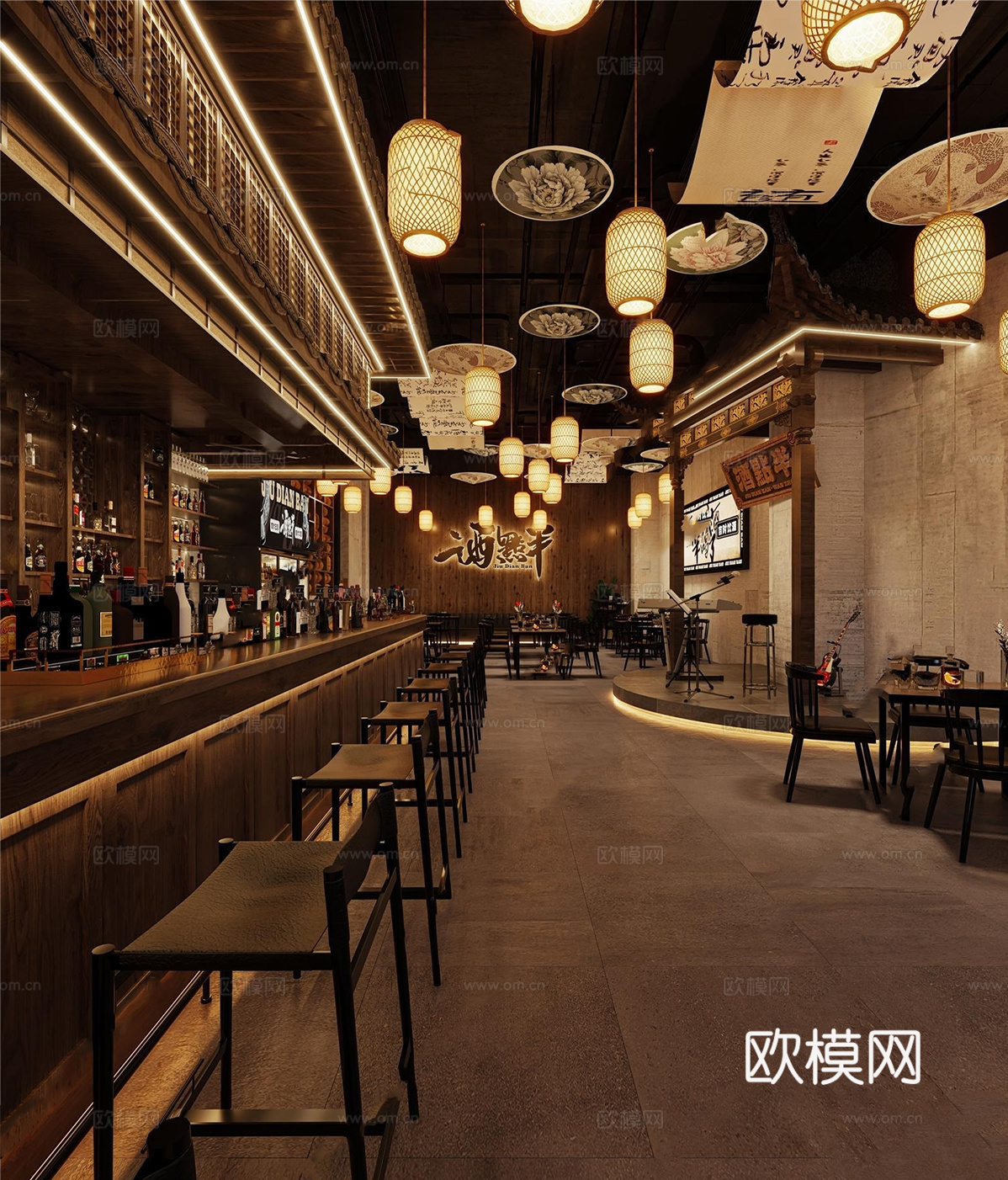 工业风酒吧 吧台 吧椅 酒水柜su模型