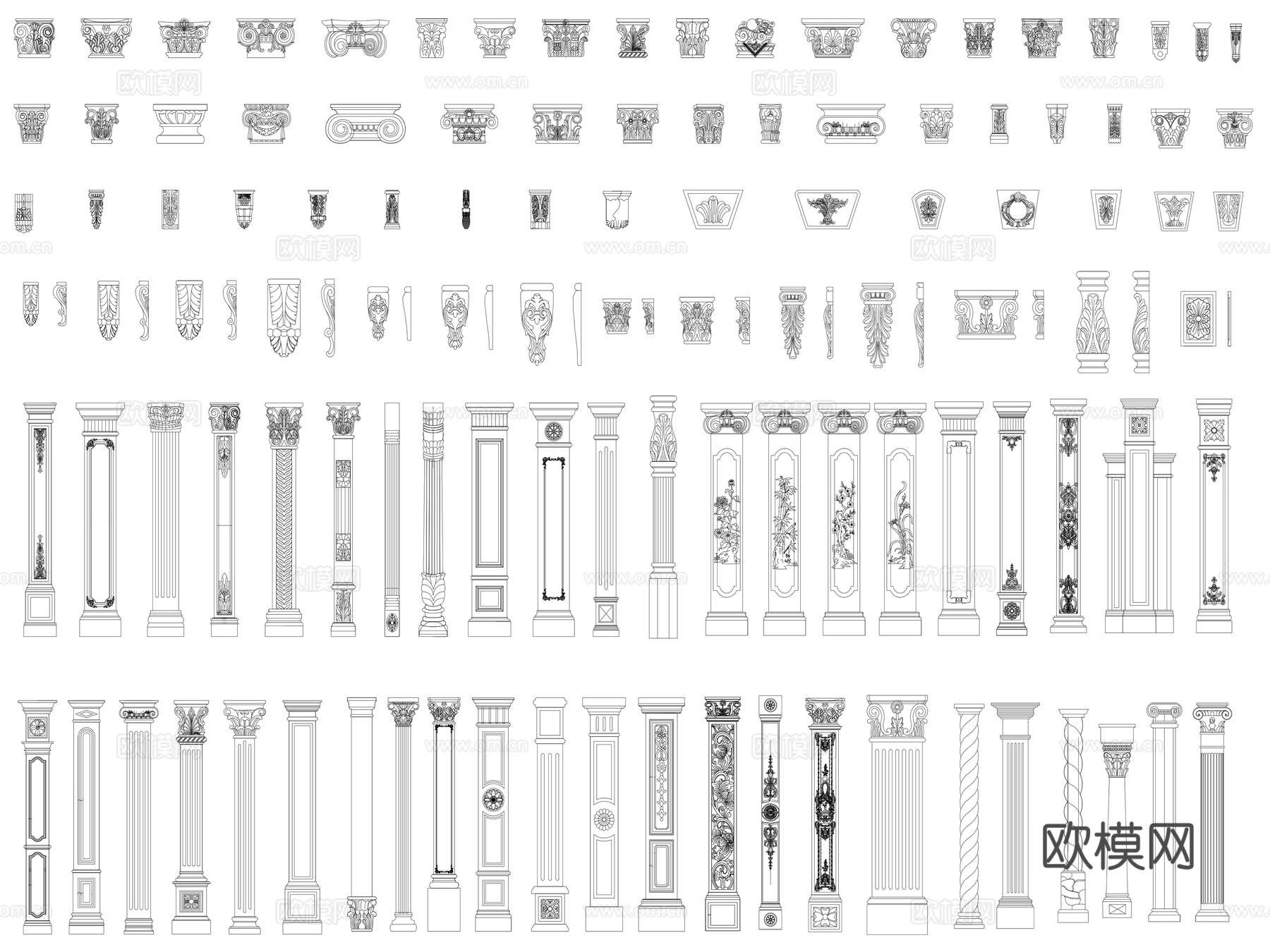 法式雕花线条罗马柱护墙板cad施工图
