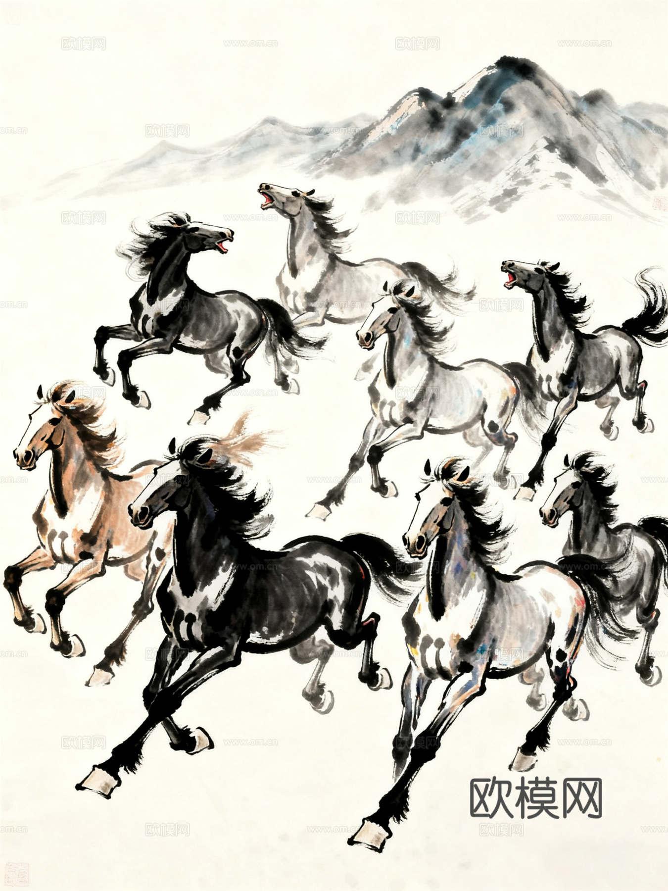 徐悲鸿风格八骏图 中式字画 水墨画