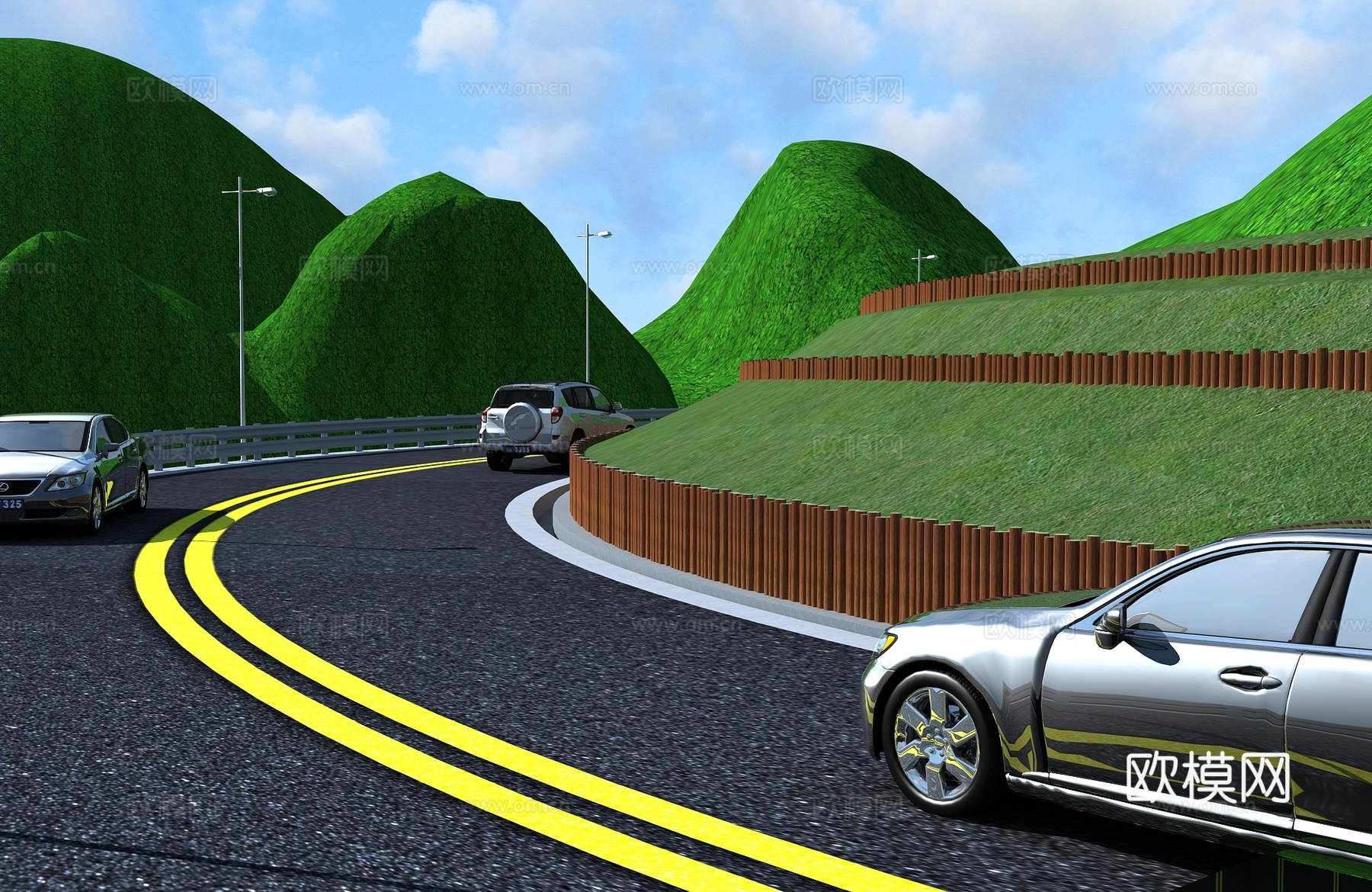 山区道路  护坡  单排木排桩栅栏3d模型下载（渲染图1）