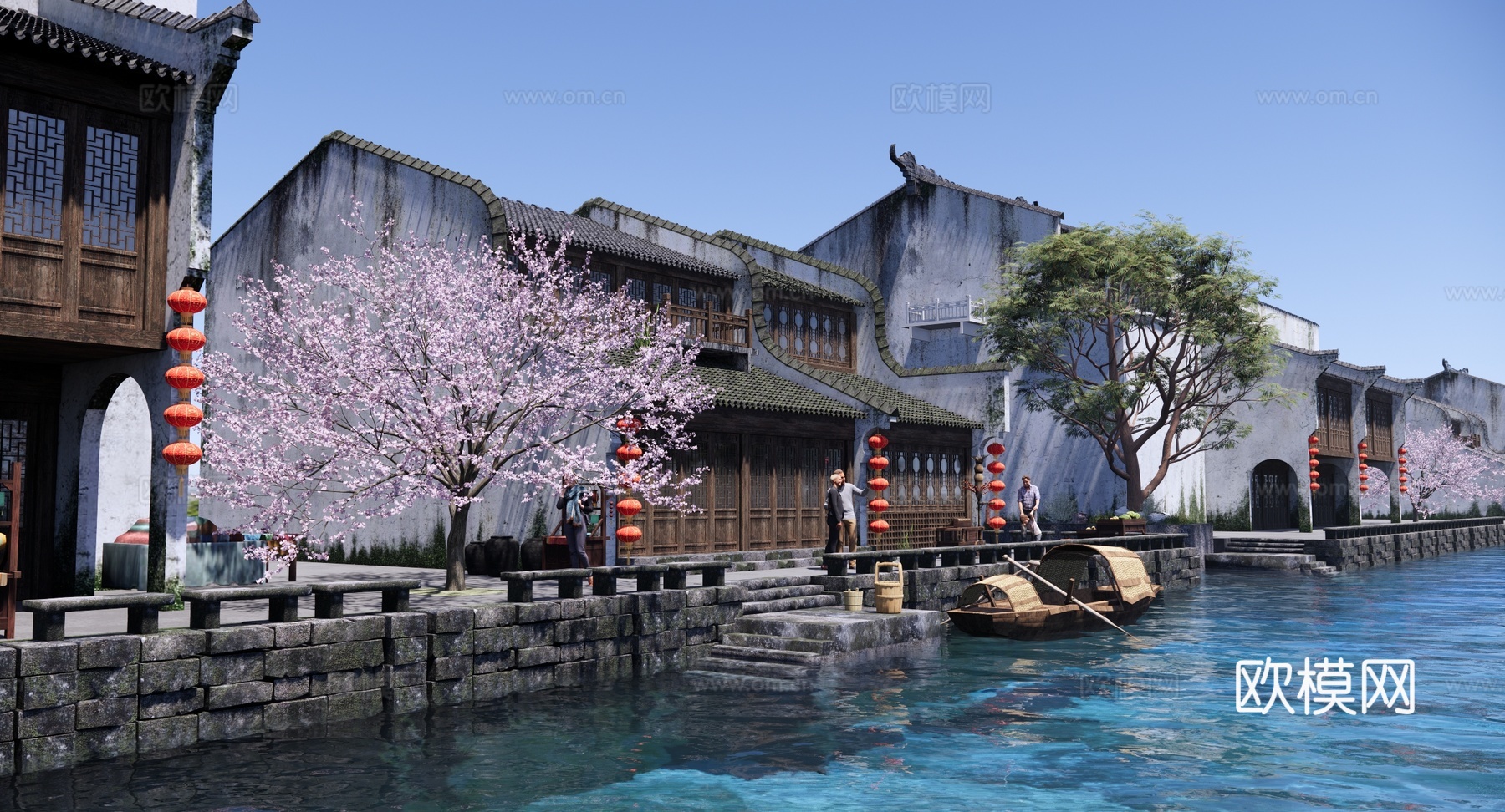 中式 古建 江南水乡古镇 古镇水巷 文旅滨水古镇 徽派建筑su模型