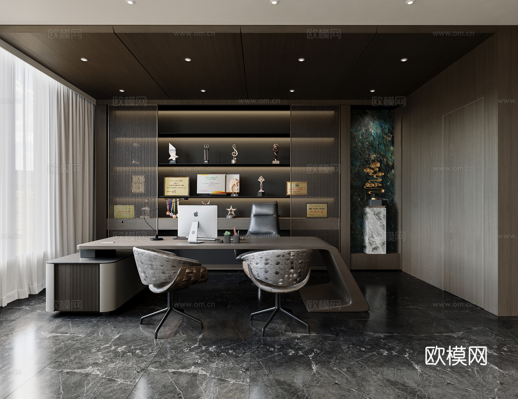 新中式工装 办公室 办公桌 沙发茶几组合 茶桌 屏风 玄关柜3d模型3d模型下载（渲染图6）