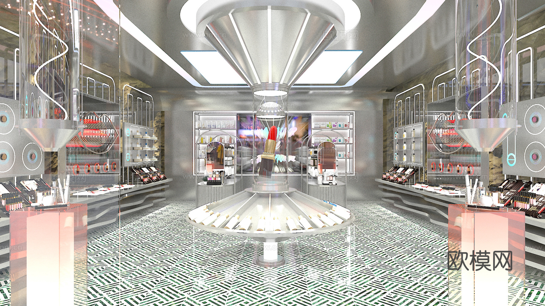 化妆品店美妆店科技金属彩妆店门头3d模型下载（渲染图4）