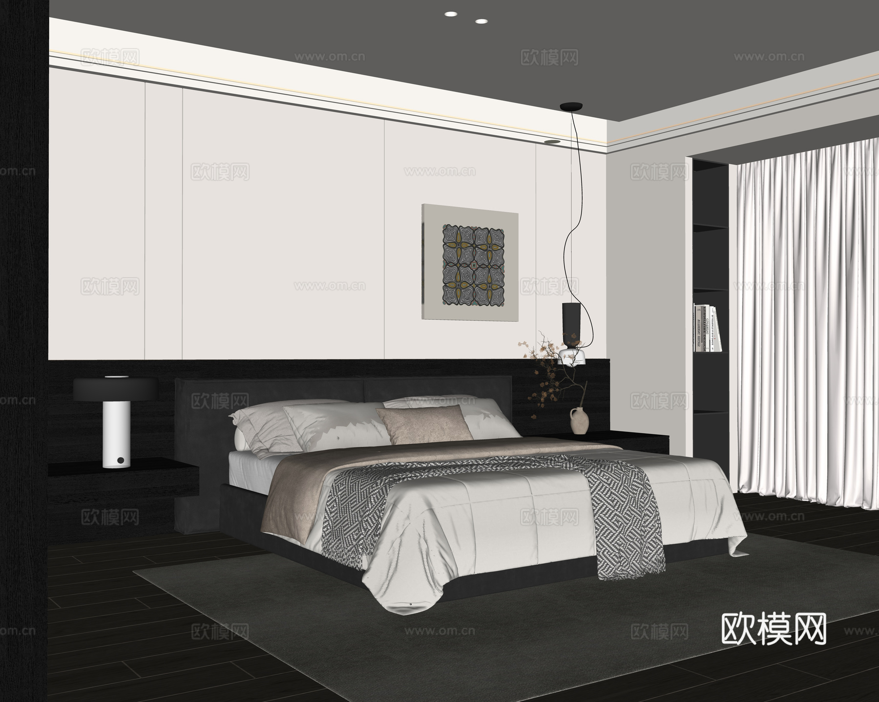 现代极简家居卧室 无主灯 双人床 装饰画 吊灯su模型