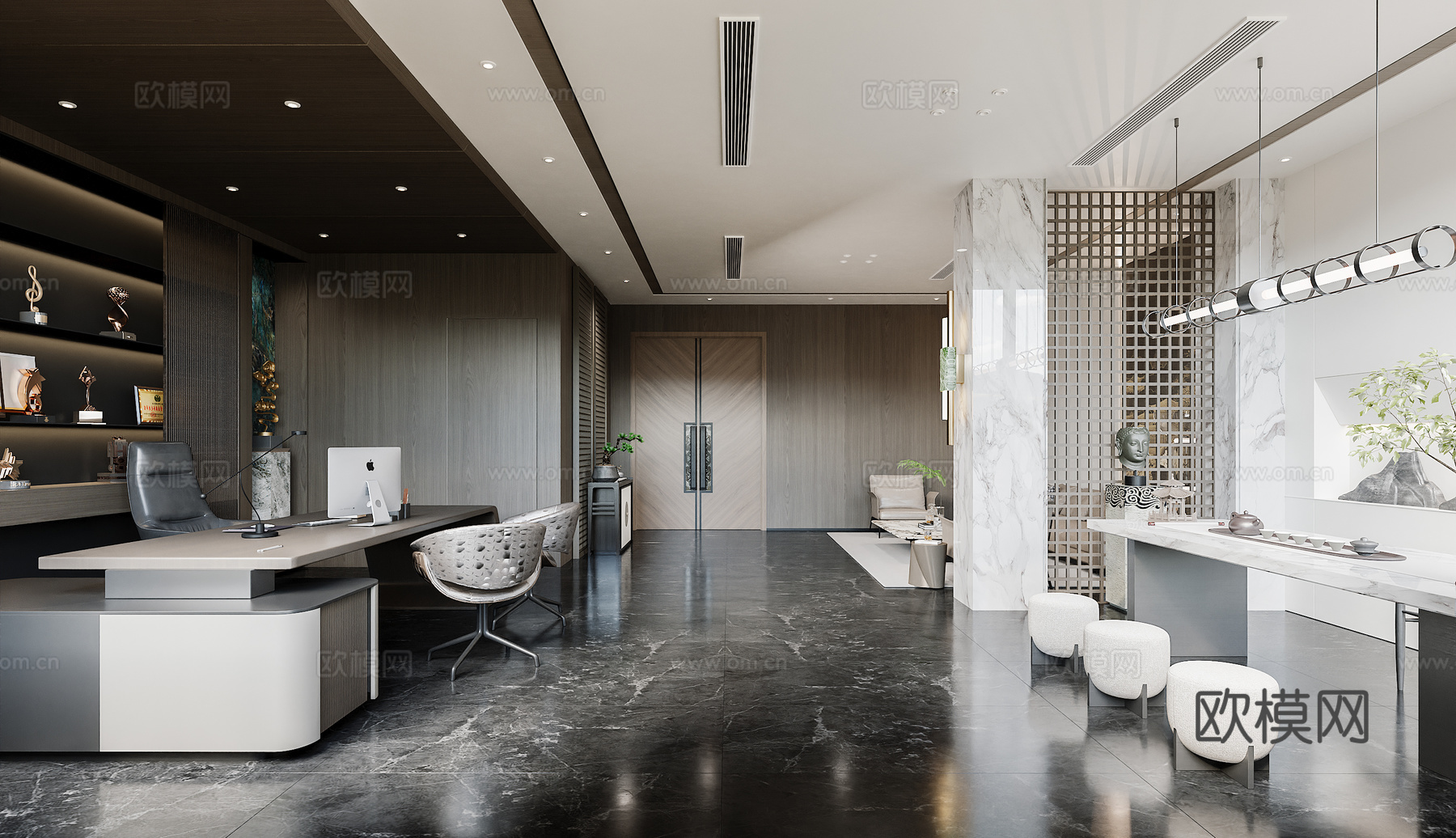 新中式工装 办公室 办公桌 沙发茶几组合 茶桌 屏风 玄关柜3d模型3d模型下载（渲染图4）