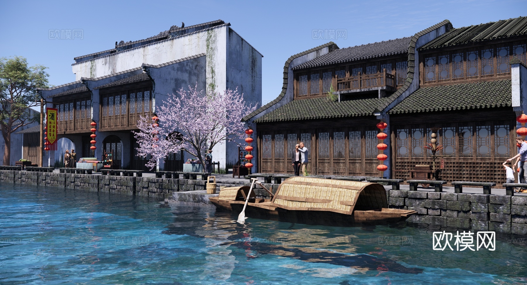 中式 古建 江南水乡古镇 古镇水巷 文旅滨水古镇 徽派建筑su模型