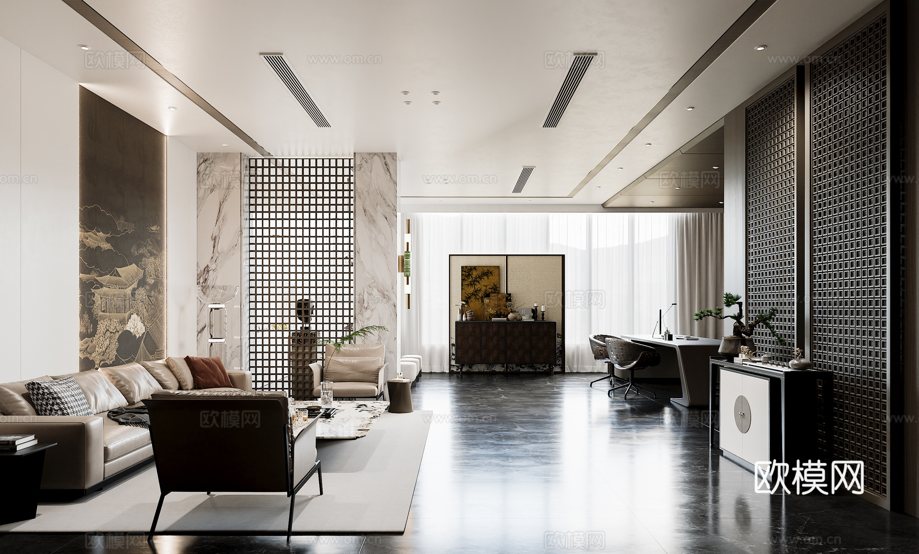 新中式工装 办公室 办公桌 沙发茶几组合 茶桌 屏风 玄关柜3d模型3d模型下载（渲染图3）