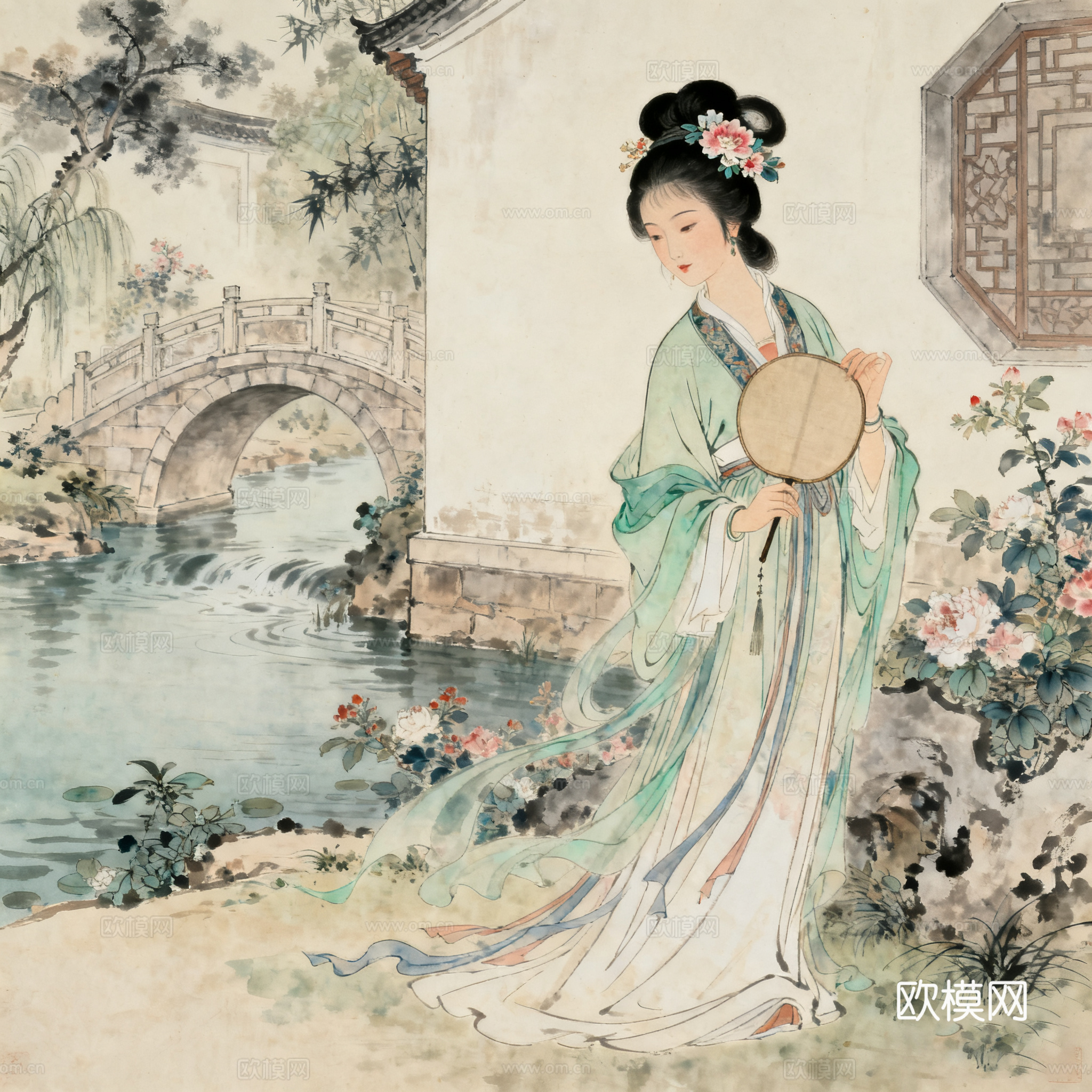 唐伯虎风格仕女图 中式字画