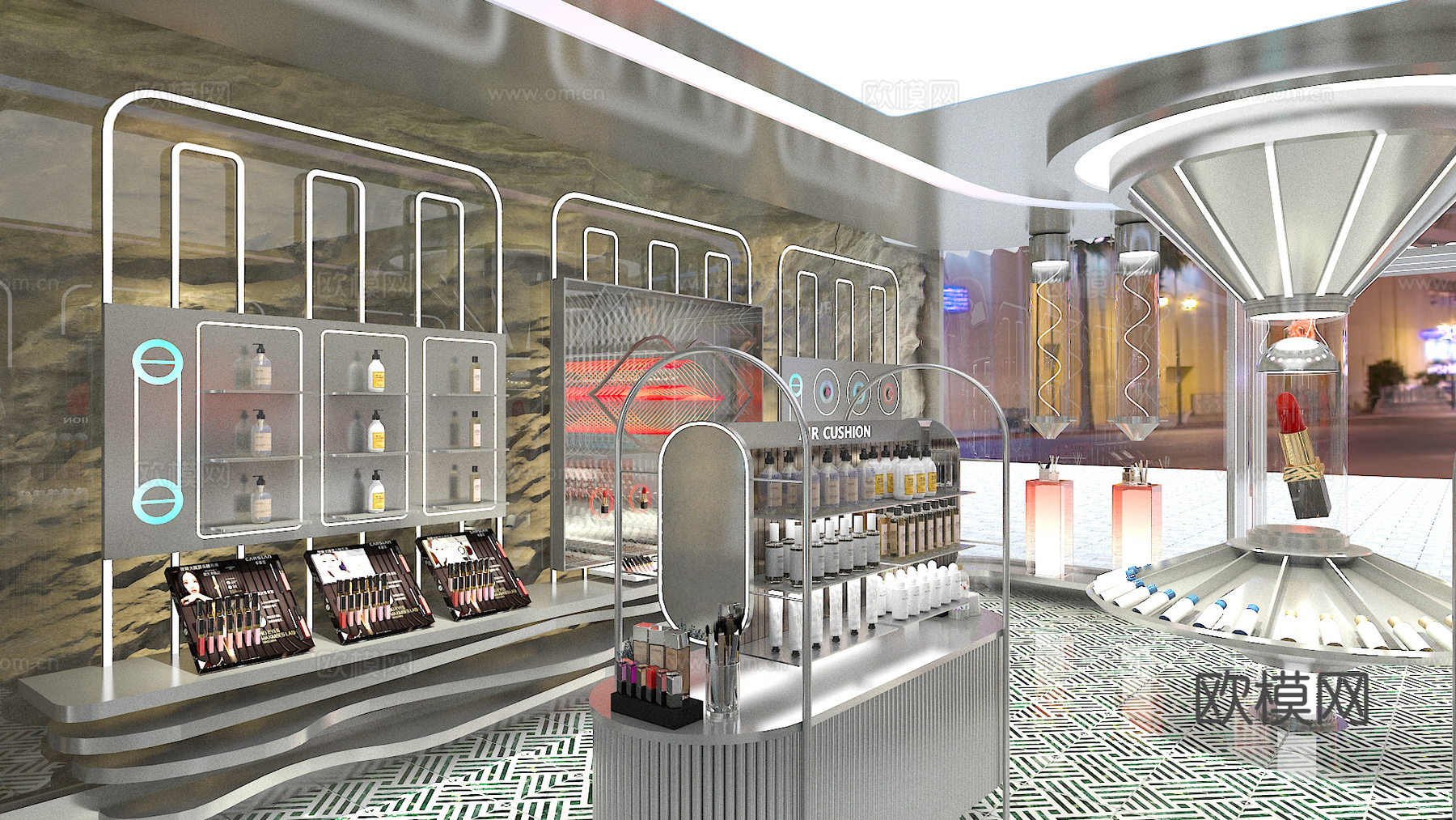 化妆品店美妆店科技金属彩妆店门头3d模型下载（渲染图6）