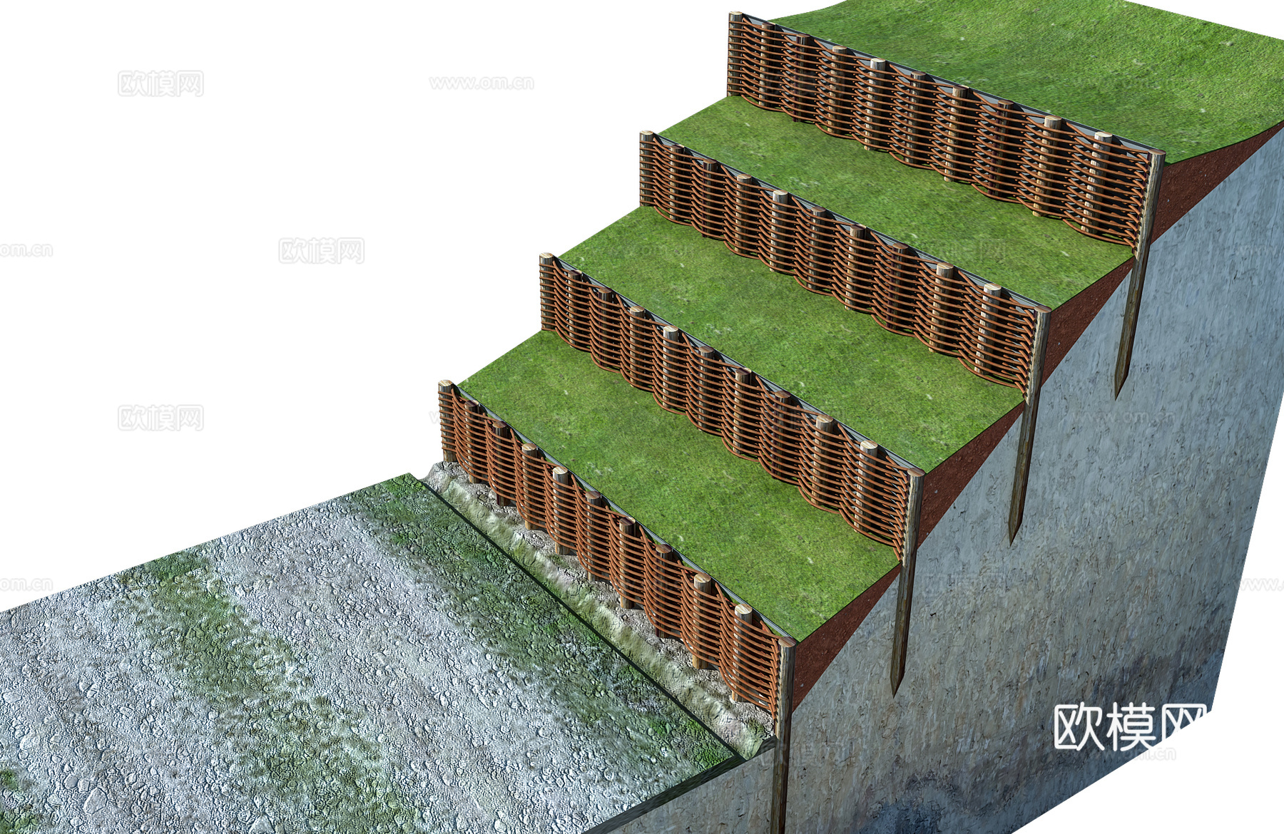 荆坝木桩栅栏护坡3d模型下载（渲染图3）