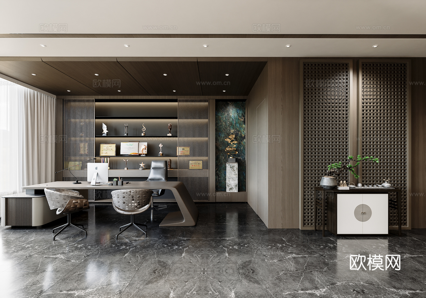 新中式工装 办公室 办公桌 沙发茶几组合 茶桌 屏风 玄关柜3d模型3d模型下载（渲染图1）