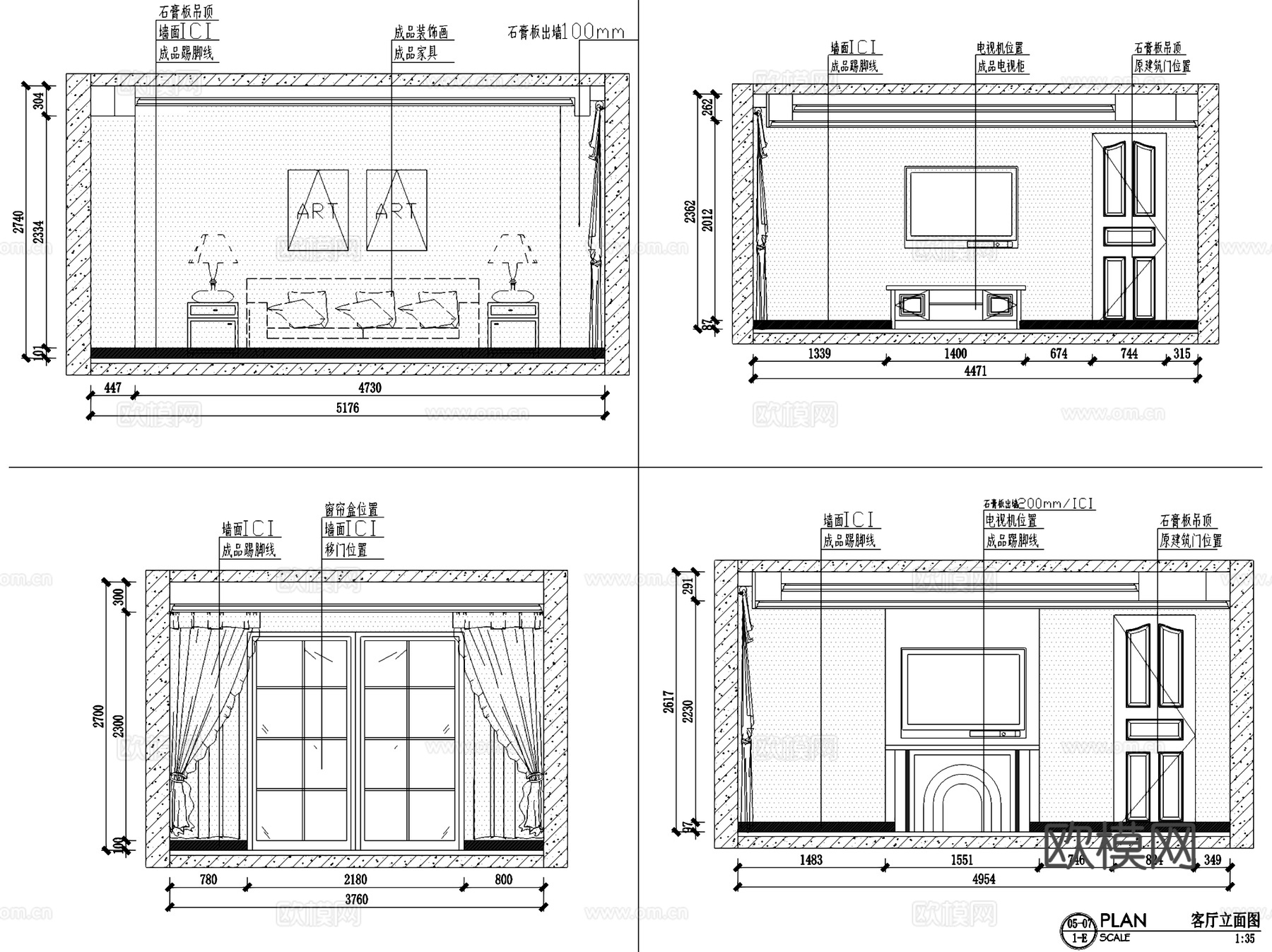 优山美地8-303美式三室两厅两卫室内家装CAD施工图cad施工图