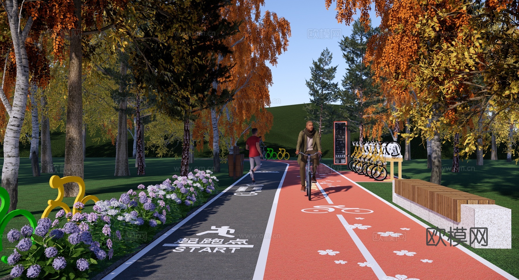 现代 公园 体育公园游步道 马拉松跑道 生态骑行道 健康跑道su模型