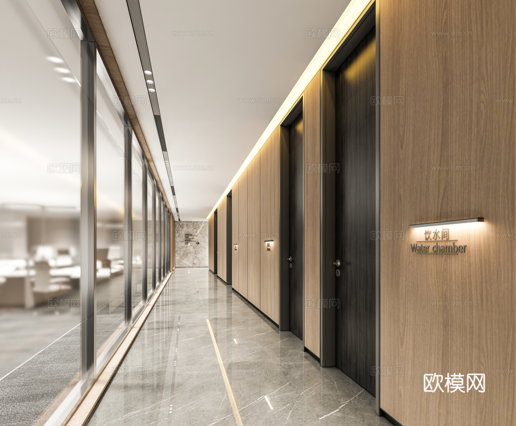 办公过道走廊 办公区过道走廊 公司过道走廊 木板门玻璃隔断su模型