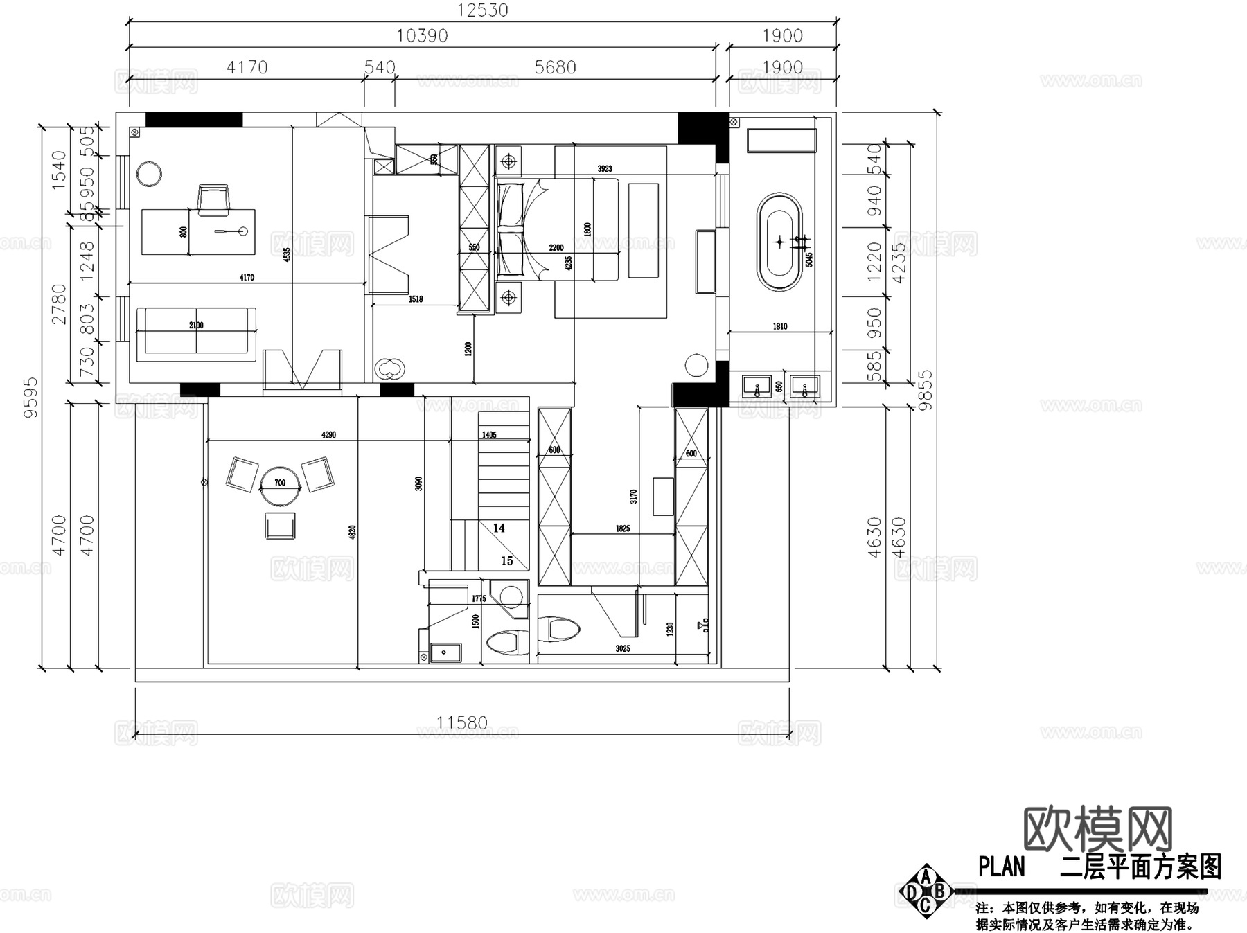 长沙明昇壹城顶层洋房室内家装平面系统图CAD施工图cad施工图