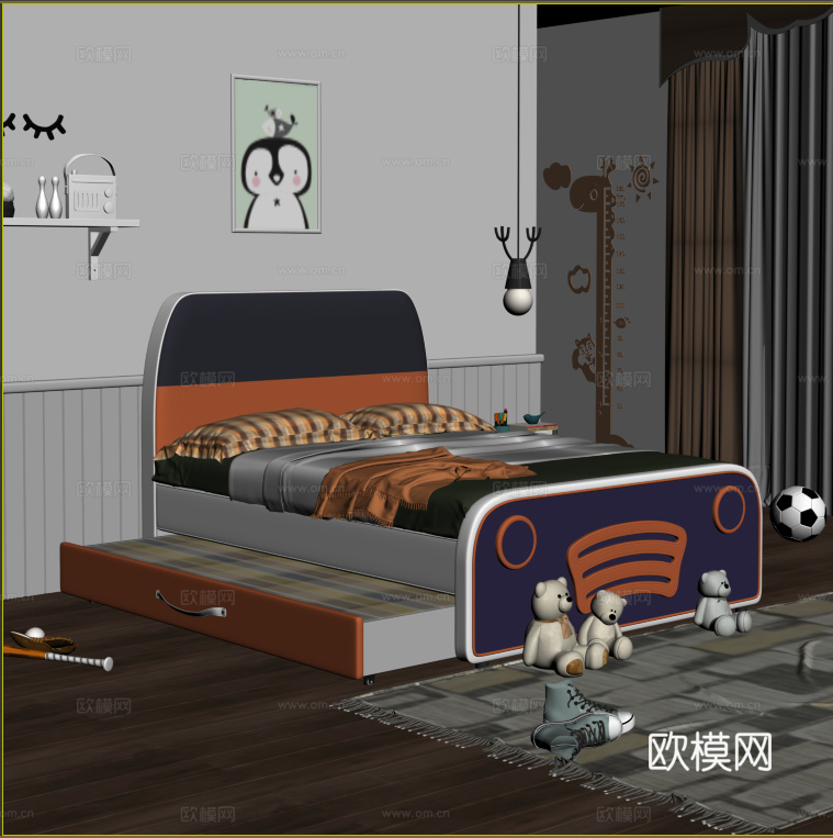 现代多巴胺儿童房 汽车儿童床 带拖床单人床  男孩卧室3d模型下载（渲染图2）