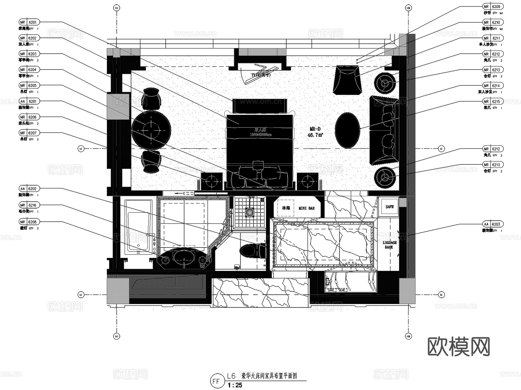 北京丽雅酒店客房样板间室内工装CAD施工图整套cad施工图