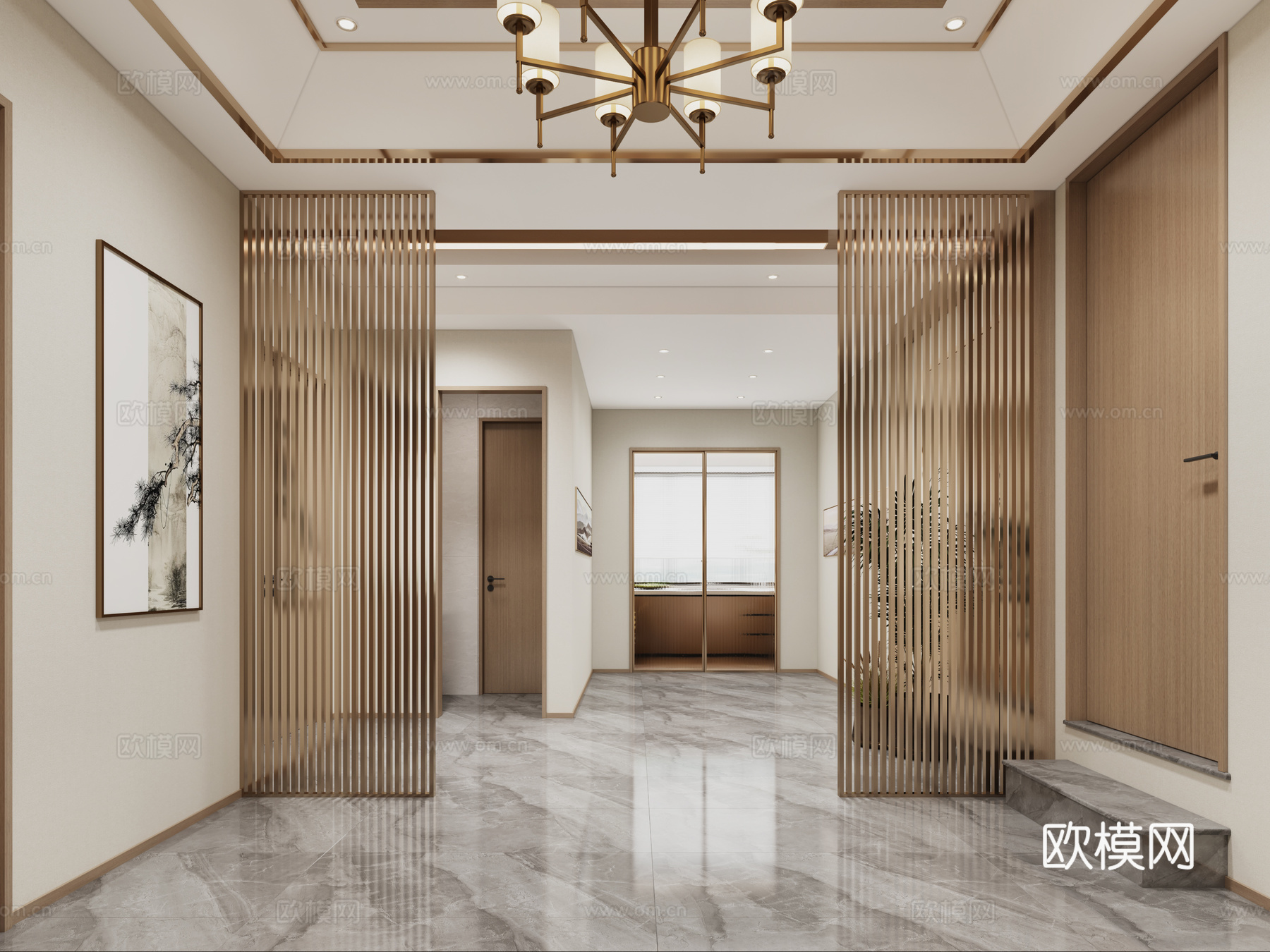 轻奢过道 轻奢楼梯间 新中式中庭 轻奢玄关3d模型下载（渲染图2）