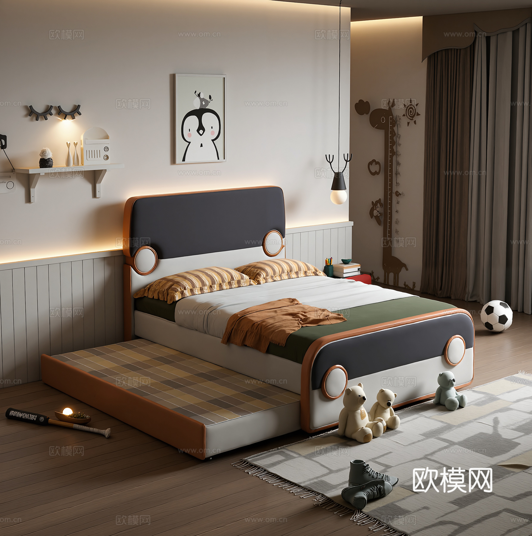 现代通用儿童放 多巴胺儿童房 拼色儿童床 拖床儿童床 单人床3d模型下载（渲染图1）