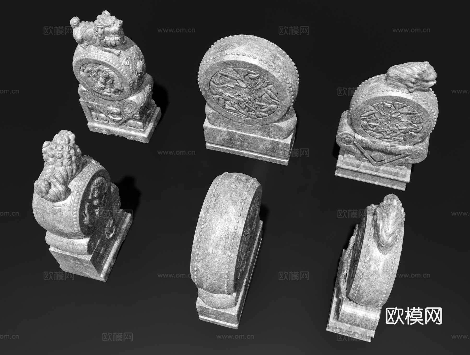 中式抱鼓石 门枕石 门墩 石墩 门座 镇门石 门台 石雕3d模型下载