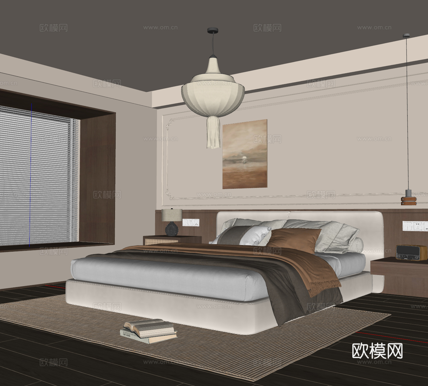 中古风卧室 布艺双人床 床头柜 吊灯 挂画 地毯su模型