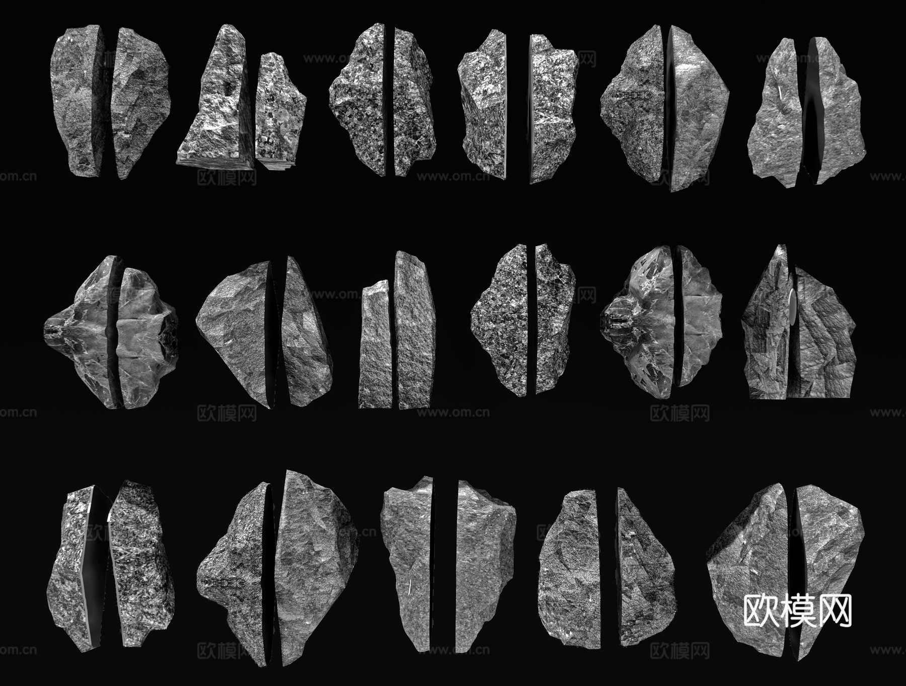 现代劈开石 切片石 裂开石 两半石 黑山石 景观置石 石头3d模型下载