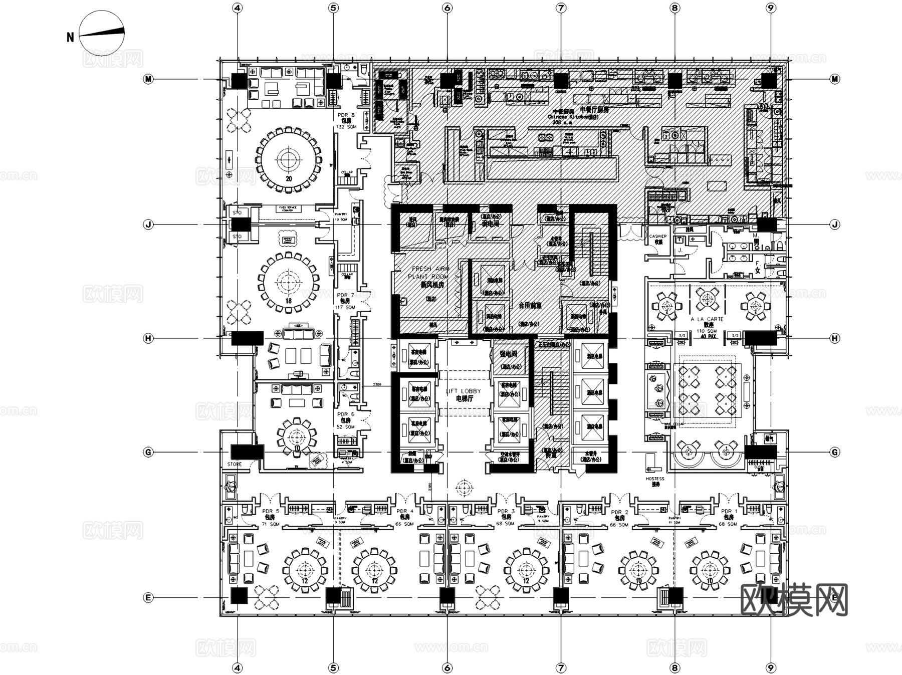 江阴澄星万豪酒店平面室内工装CAD施工图+文本cad施工图