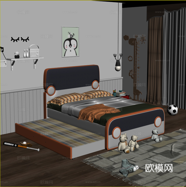 现代通用儿童放 多巴胺儿童房 拼色儿童床 拖床儿童床 单人床3d模型下载（渲染图2）
