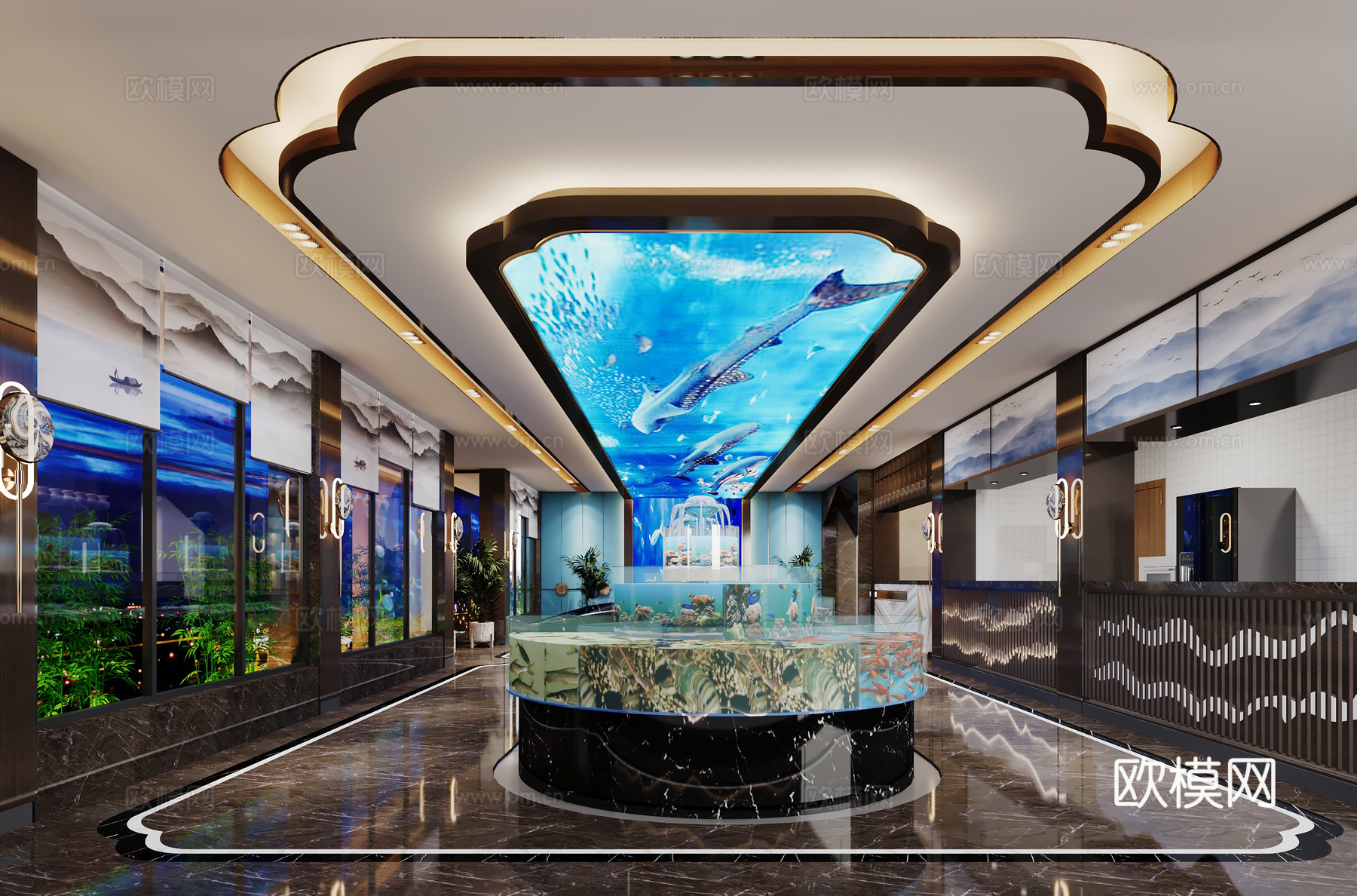 新中式餐厅 餐厅 海鲜餐厅 百叶 前台 餐馆 饭店3d模型下载（渲染图1）