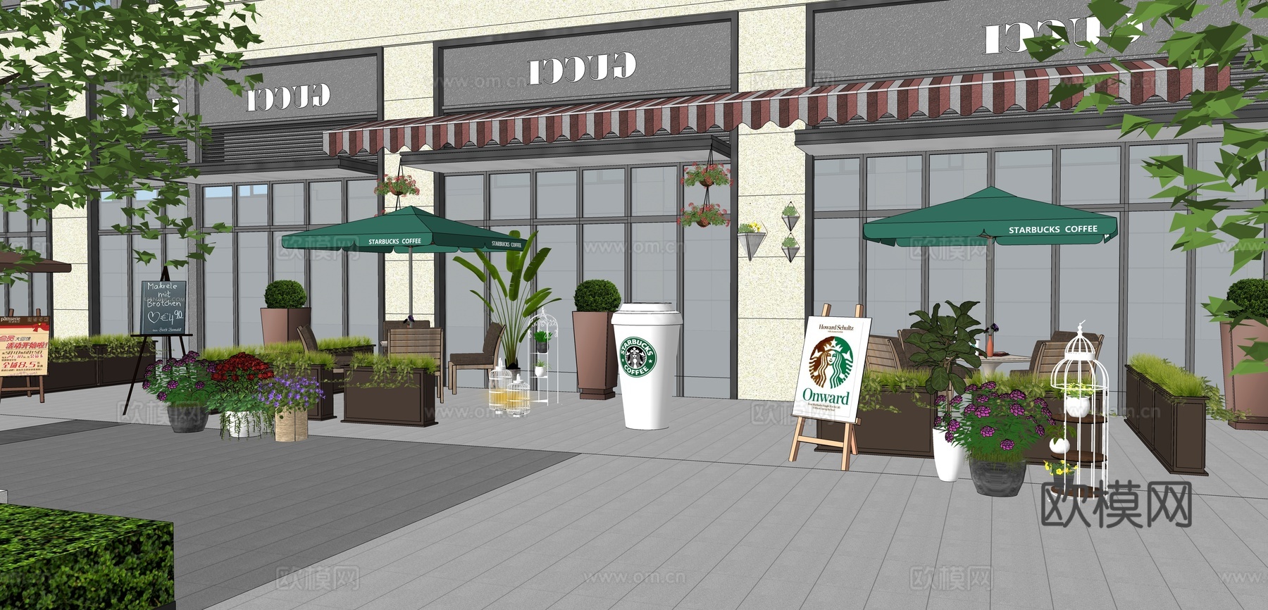 现代 门头 商业外摆 商业店铺 座椅外摆 咖啡店 花箱 商业su模型