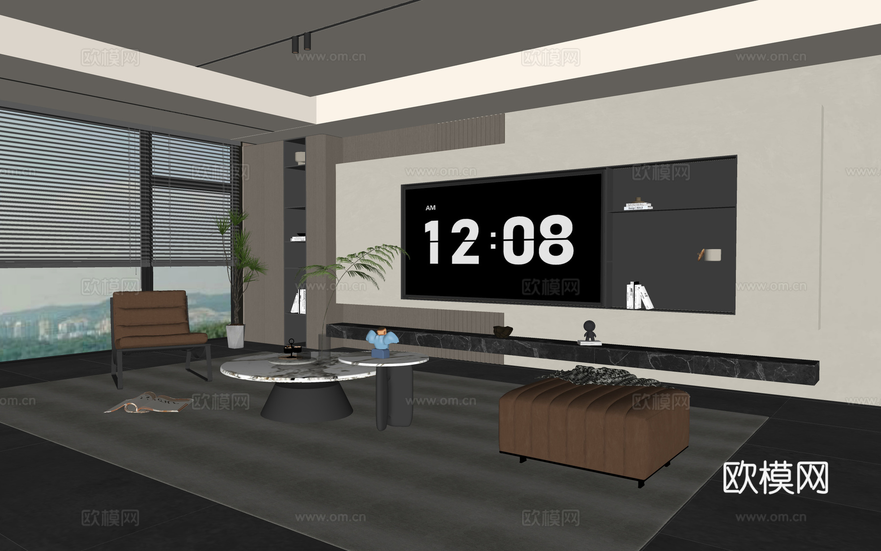 意式客厅 现代客厅 电视背景墙 电视柜 客厅背景 沙发茶几组su模型