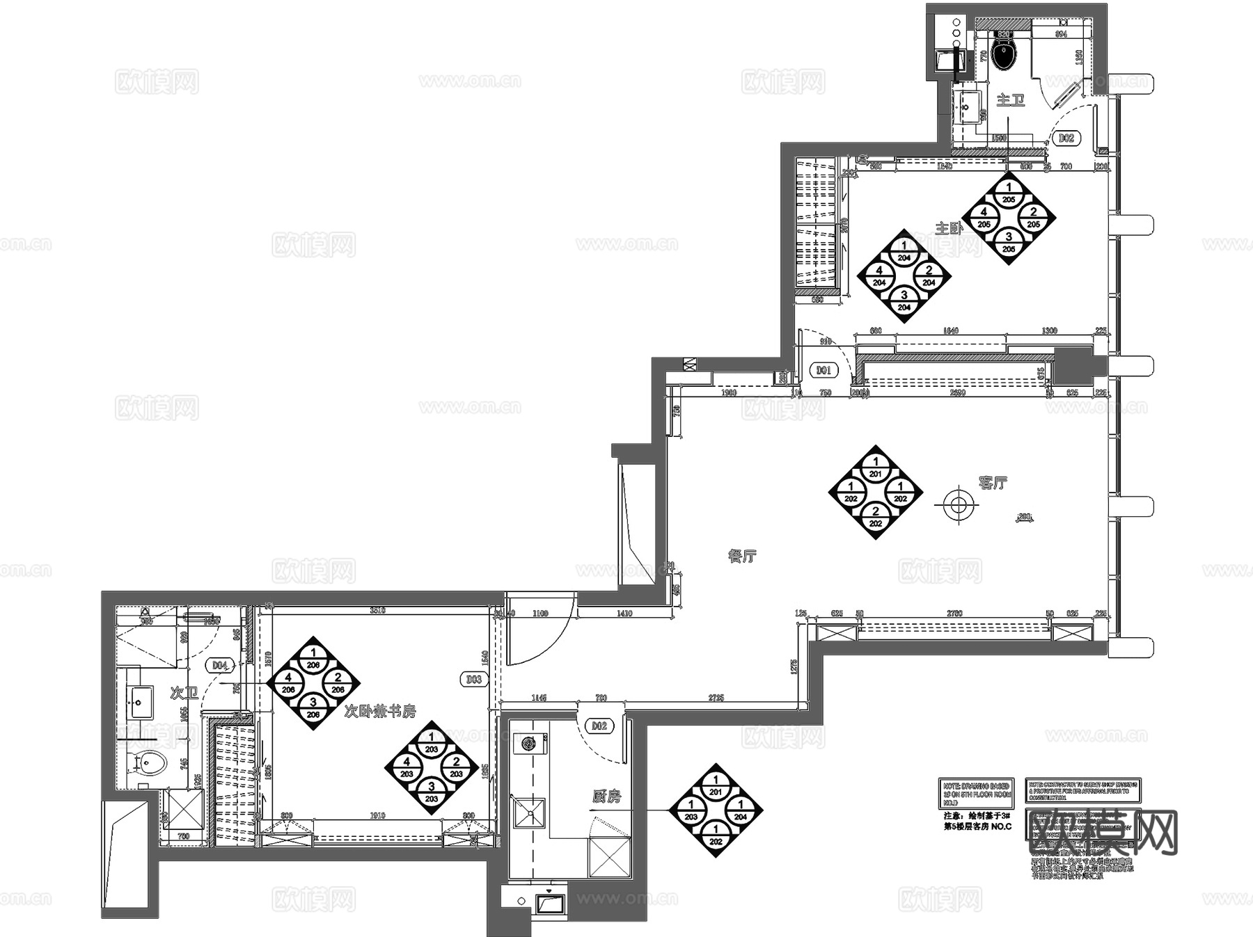 柯桥龙禧中心酒店式公寓样板房室内家装CAD施工图cad施工图